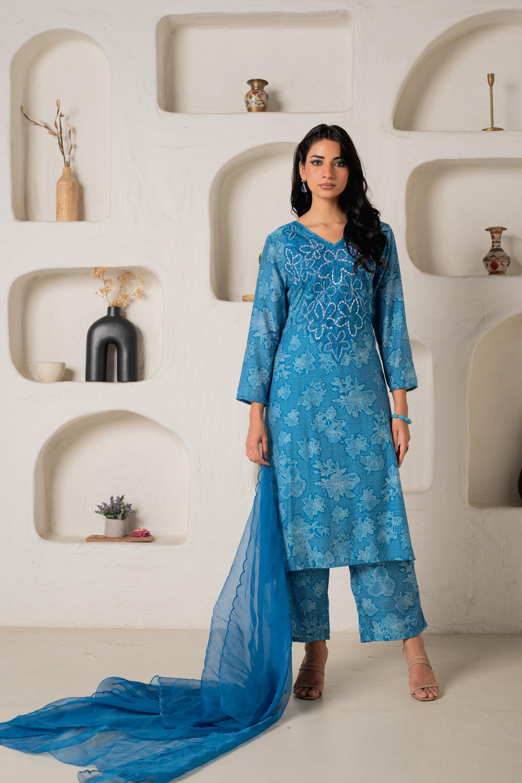 Juniper Blue Floral Embellished A-Line Kurta Pant And Dupatta Set With Beads & Sequence Work