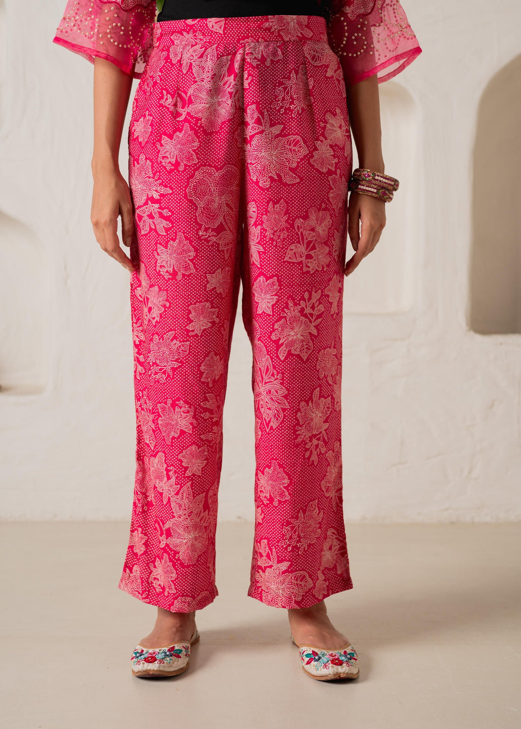 Juniper Fuchsia Floral Embellished A-Line Kurta Pant And Dupatta Set With Beads & Sequence Work