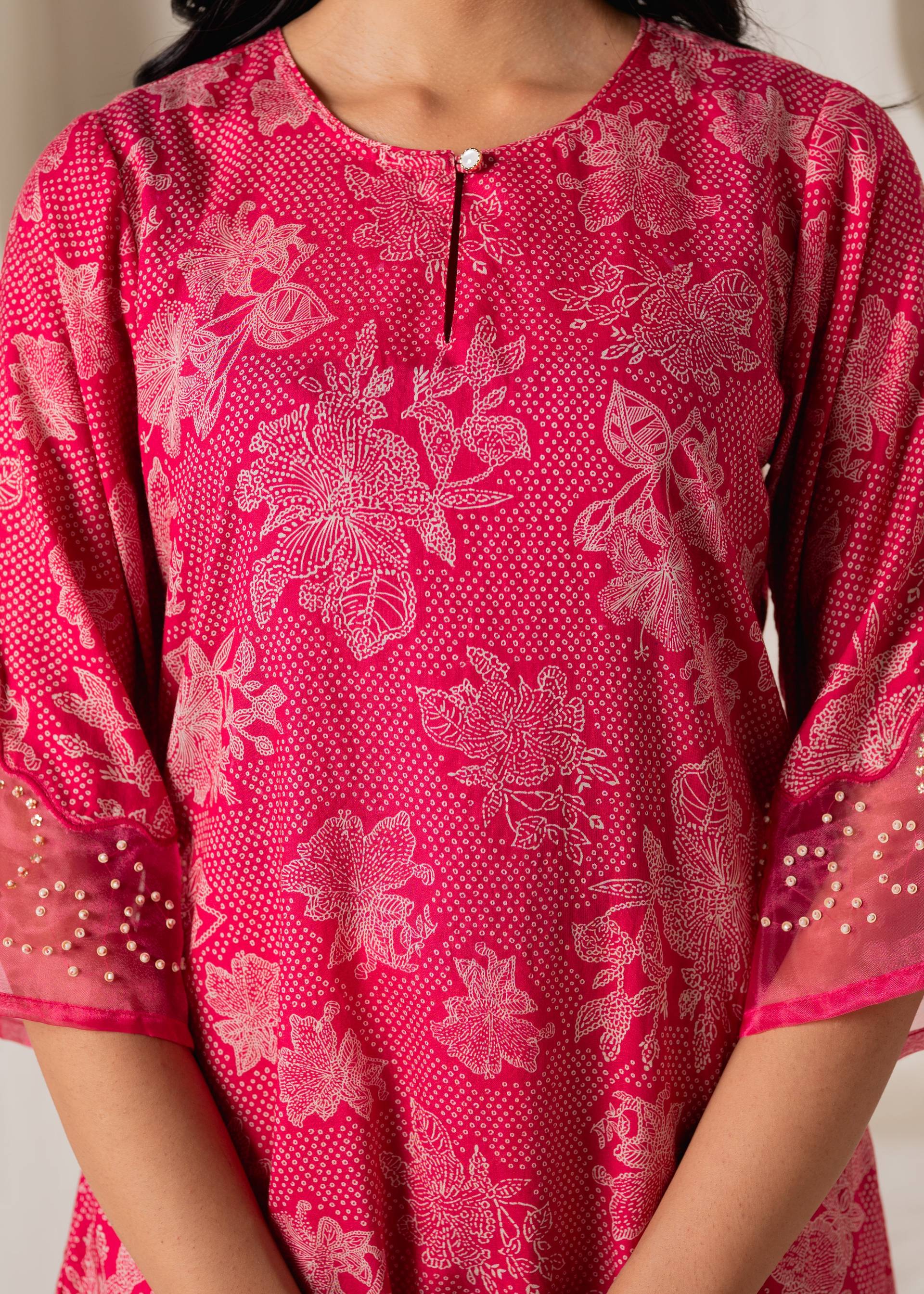 Juniper Pink Floral Embellished A-Line Kurta Pant And Dupatta Set With Beads & Sequence Work