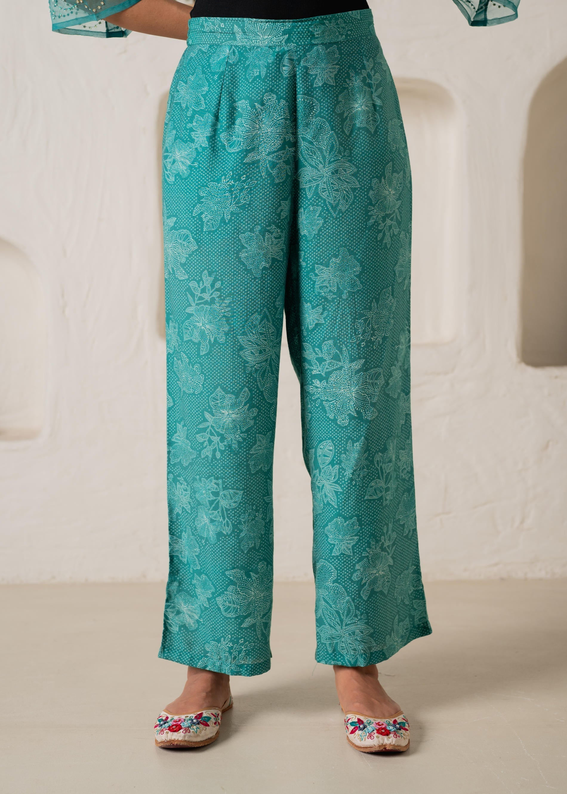 Juniper Green Floral Embellished A-Line Kurta Pant And Dupatta Set With Beads & Sequence Work