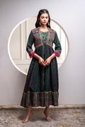 Juniper Viscose Bottle Green Embroidered Long Dress And Shrug Set With Thread, Mirror Work & Beads
