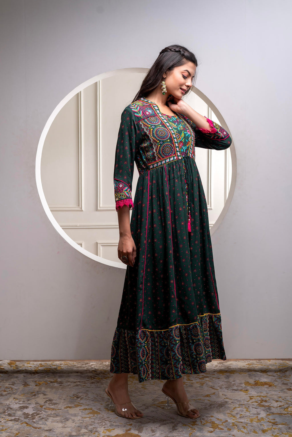 Juniper Viscose Bottle Green Embroidered Long Dress And Shrug Set With Thread, Mirror Work & Beads