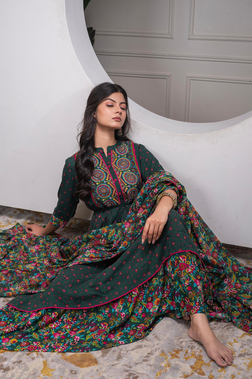 Juniper Bottle Green Floral Viscose Long Dress With Dupatta And Dori, Sequence & Lace Work