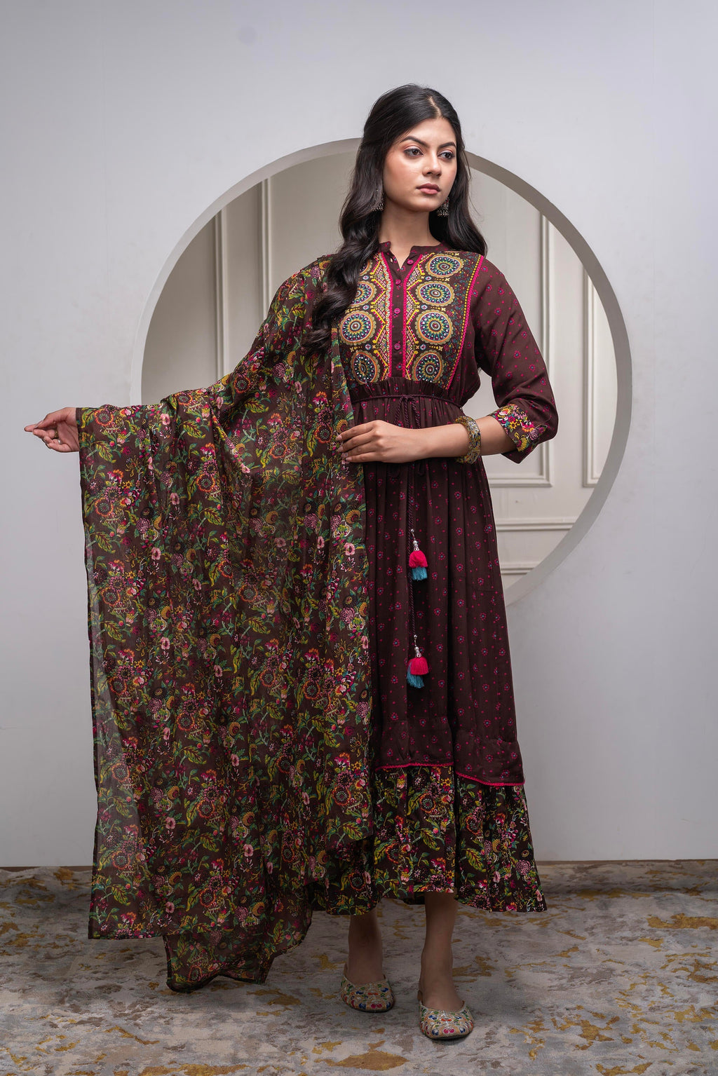 Juniper Brown Floral Viscose Long Dress With Dupatta And Dori, Sequence & Lace Work