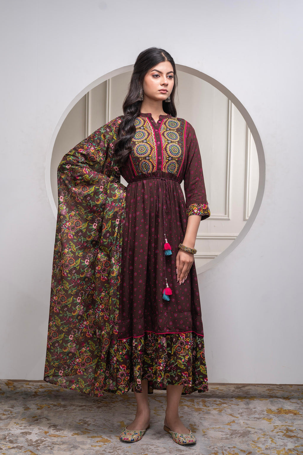 Juniper Brown Floral Viscose Long Dress With Dupatta And Dori, Sequence & Lace Work