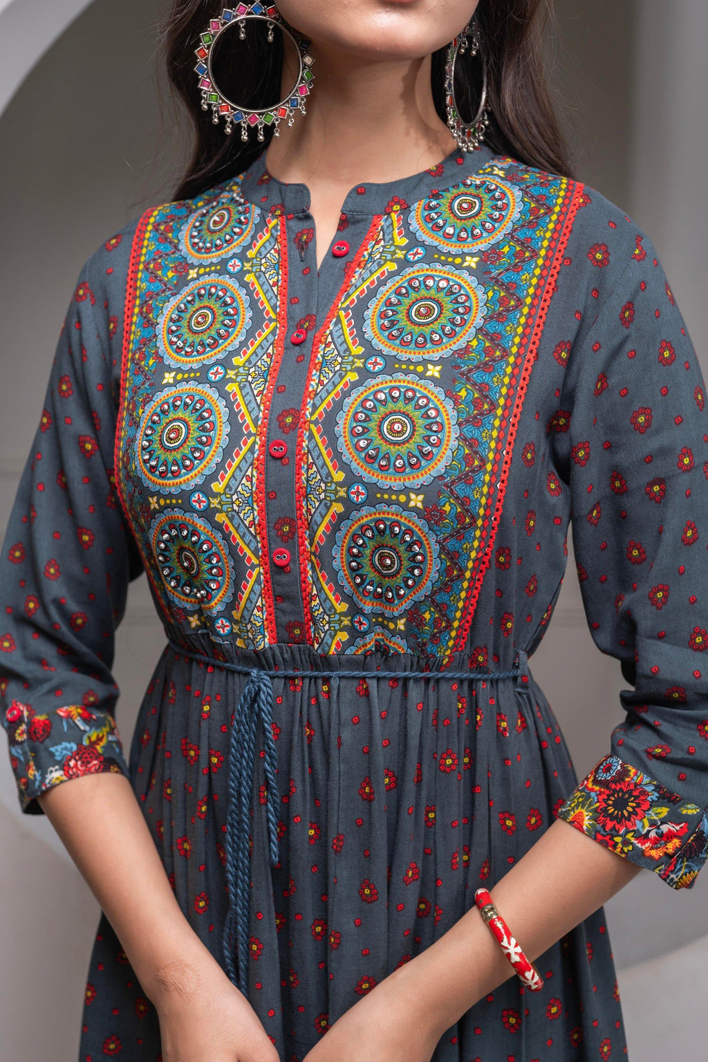Juniper Grey Floral Viscose Long Dress With Dupatta And Dori, Sequence & Lace Work