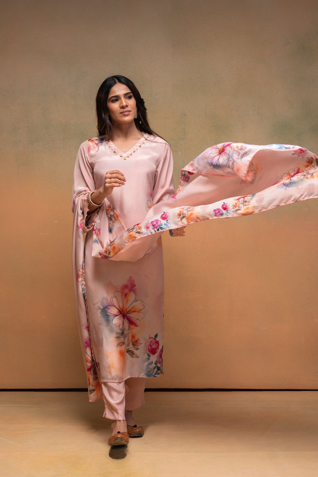 Juniper Peach Man Made Fiber Floral Printed Kurta With Pants & Dupatta Set With Sequence Work