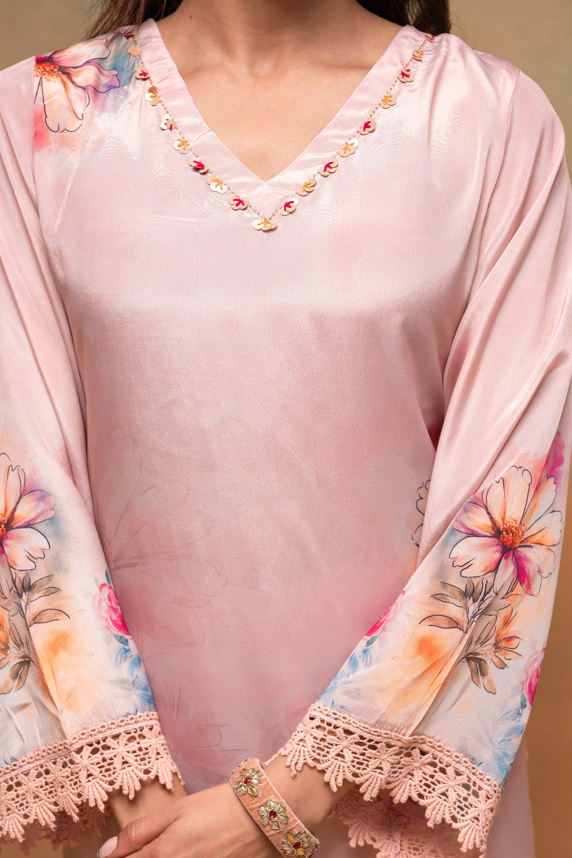 Juniper Peach Man Made Fiber Floral Printed Kurta With Pants & Dupatta Set With Sequence Work