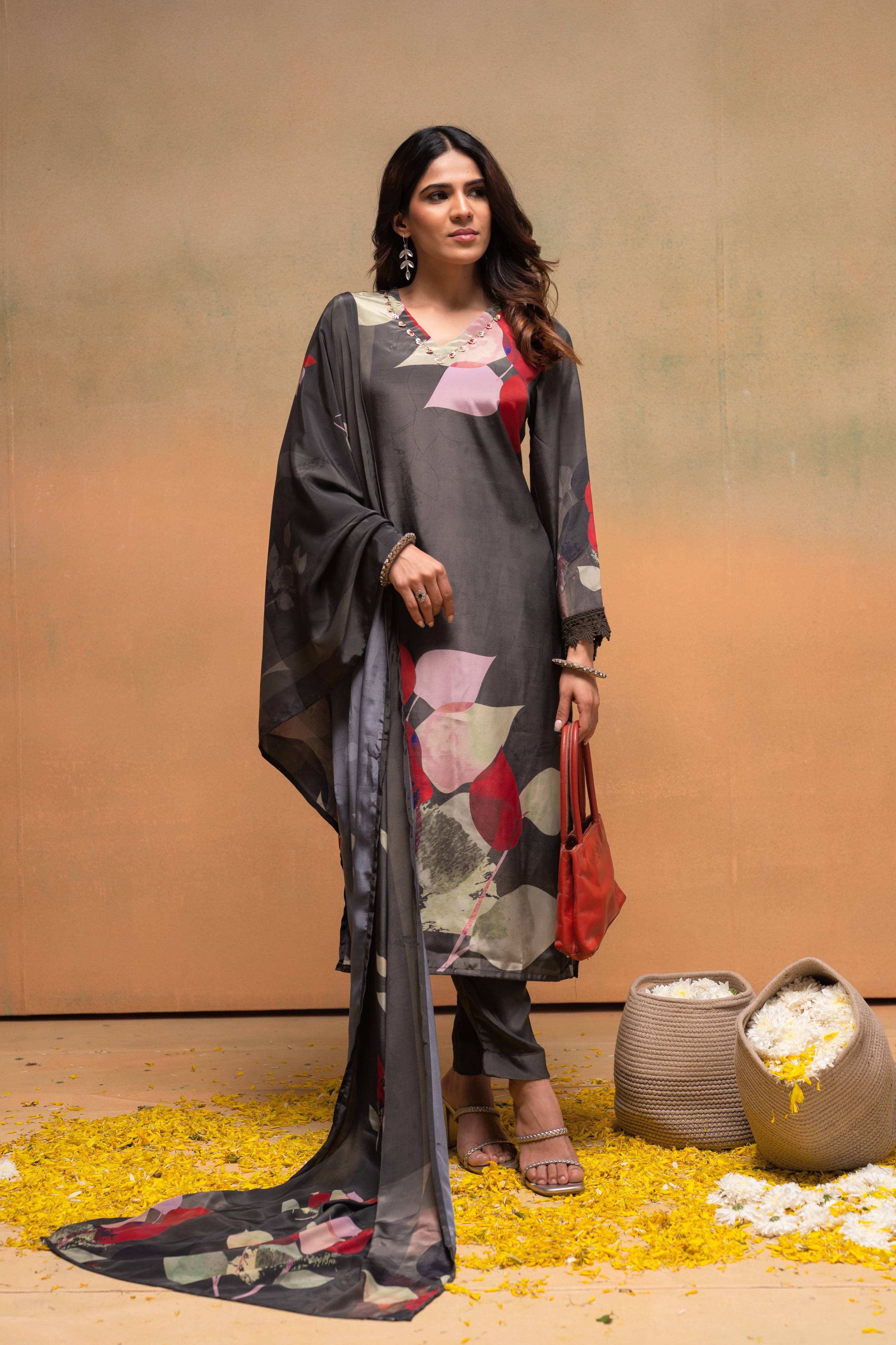 Juniper Olive Man Made Fiber Floral Printed Kurta With Pants & Dupatta Set With Sequence Work