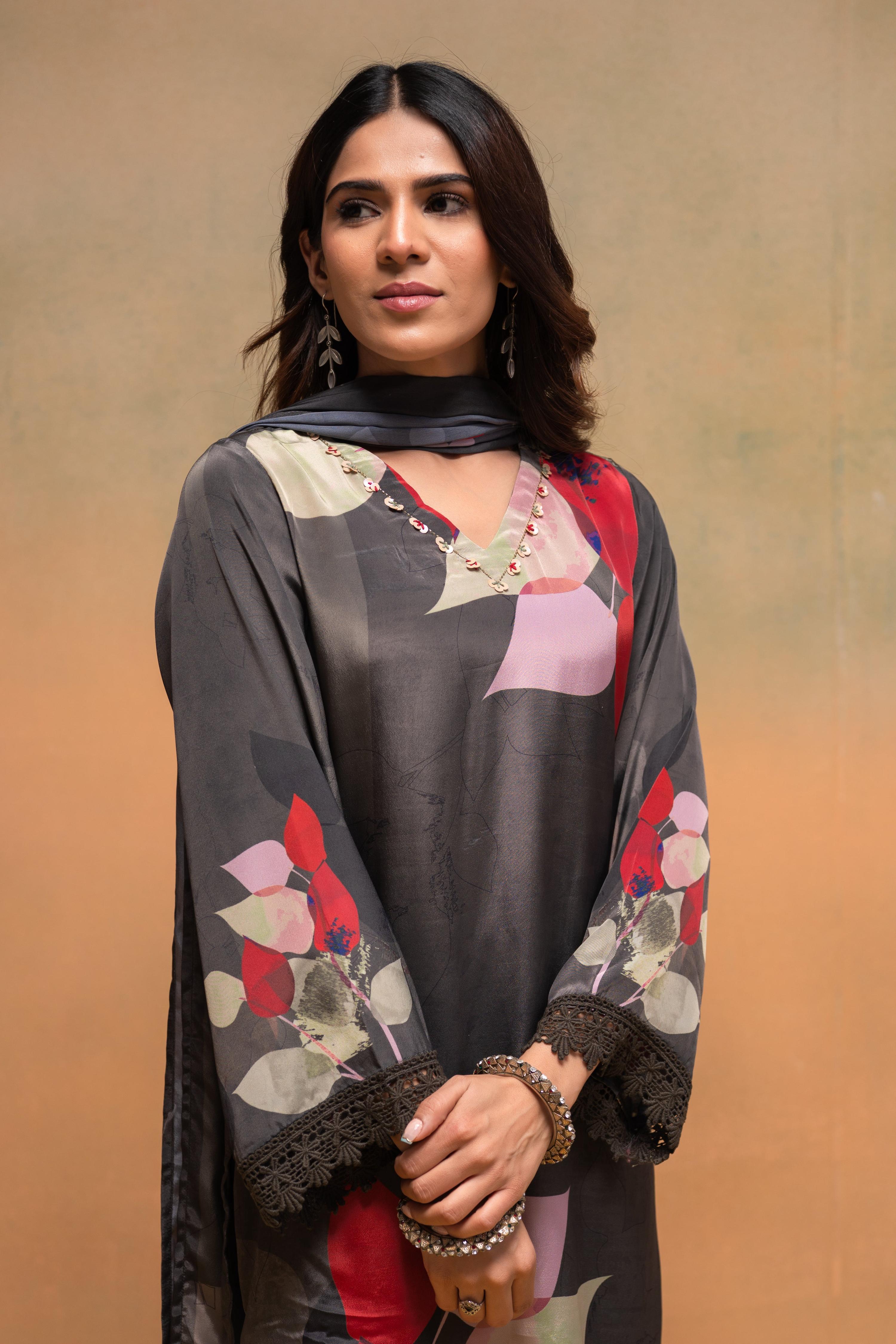 Juniper Olive Man Made Fiber Floral Printed Kurta With Pants & Dupatta Set With Sequence Work