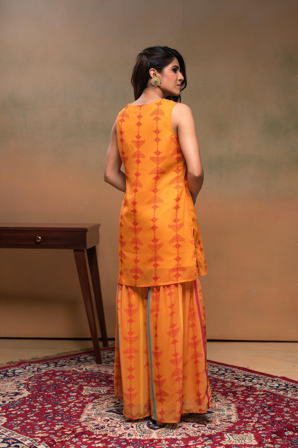 Juniper Mustard Man Made Fiber Floral Embellished Kurta With Sharara & Dupatta Set With Beads Work