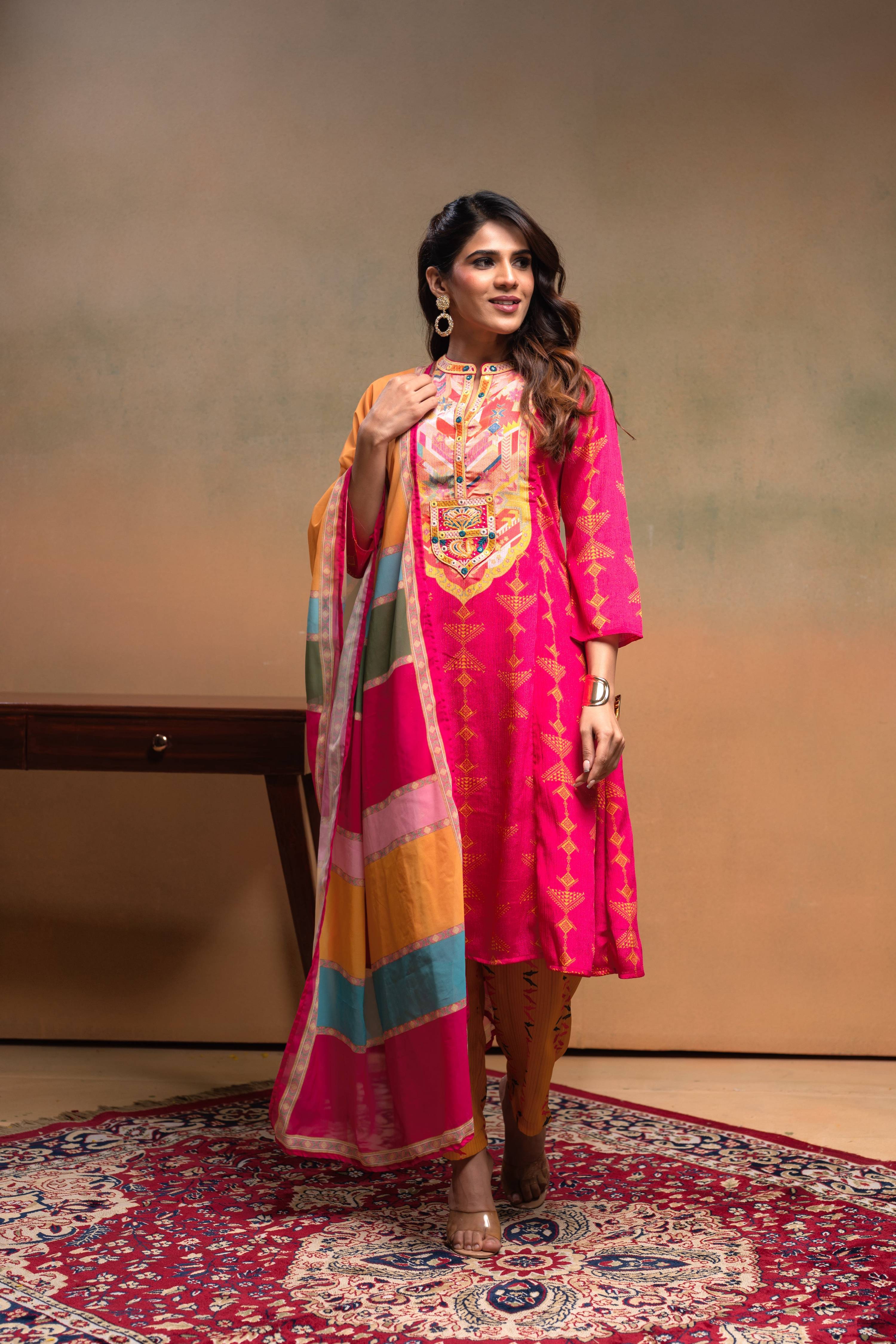 Juniper Fuchsia Man Made Fiber Ethnic A-Line Kurta With Pants & Dupatta Set With Mirror & Thread Work