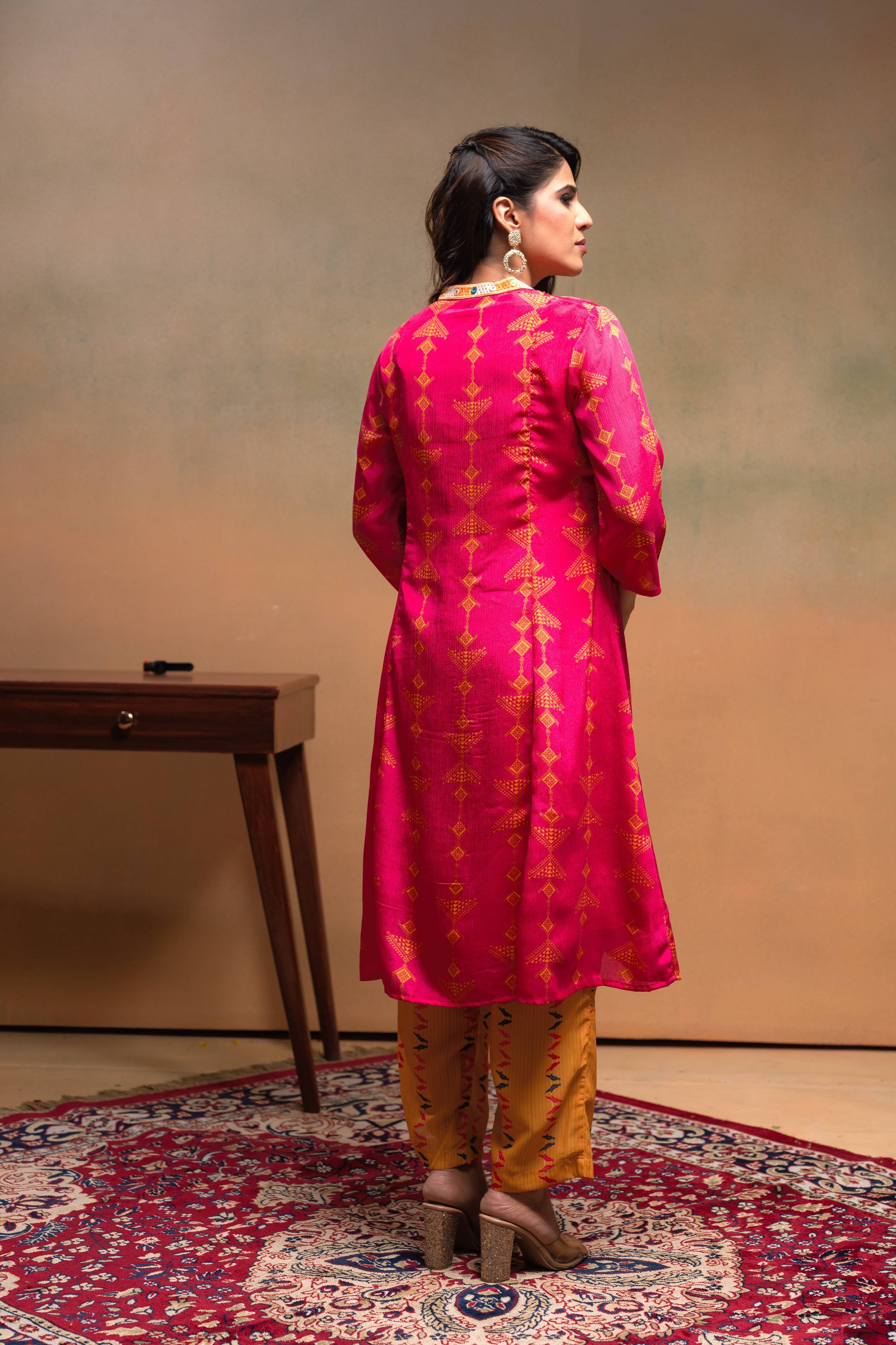 Juniper Fuchsia Man Made Fiber Ethnic A-Line Kurta With Pants & Dupatta Set With Mirror & Thread Work