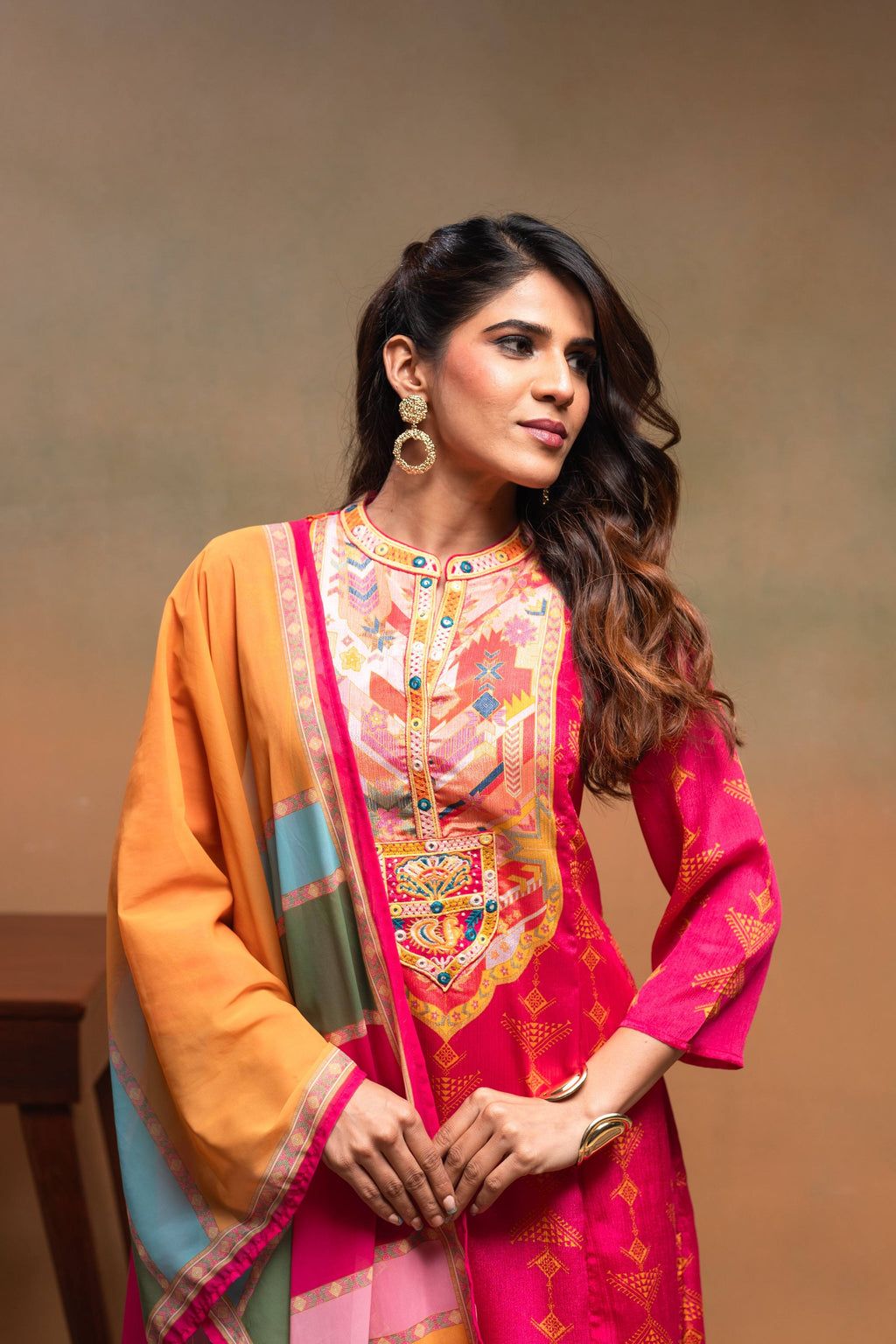 Juniper Fuchsia Man Made Fiber Ethnic A-Line Kurta With Pants & Dupatta Set With Mirror & Thread Work