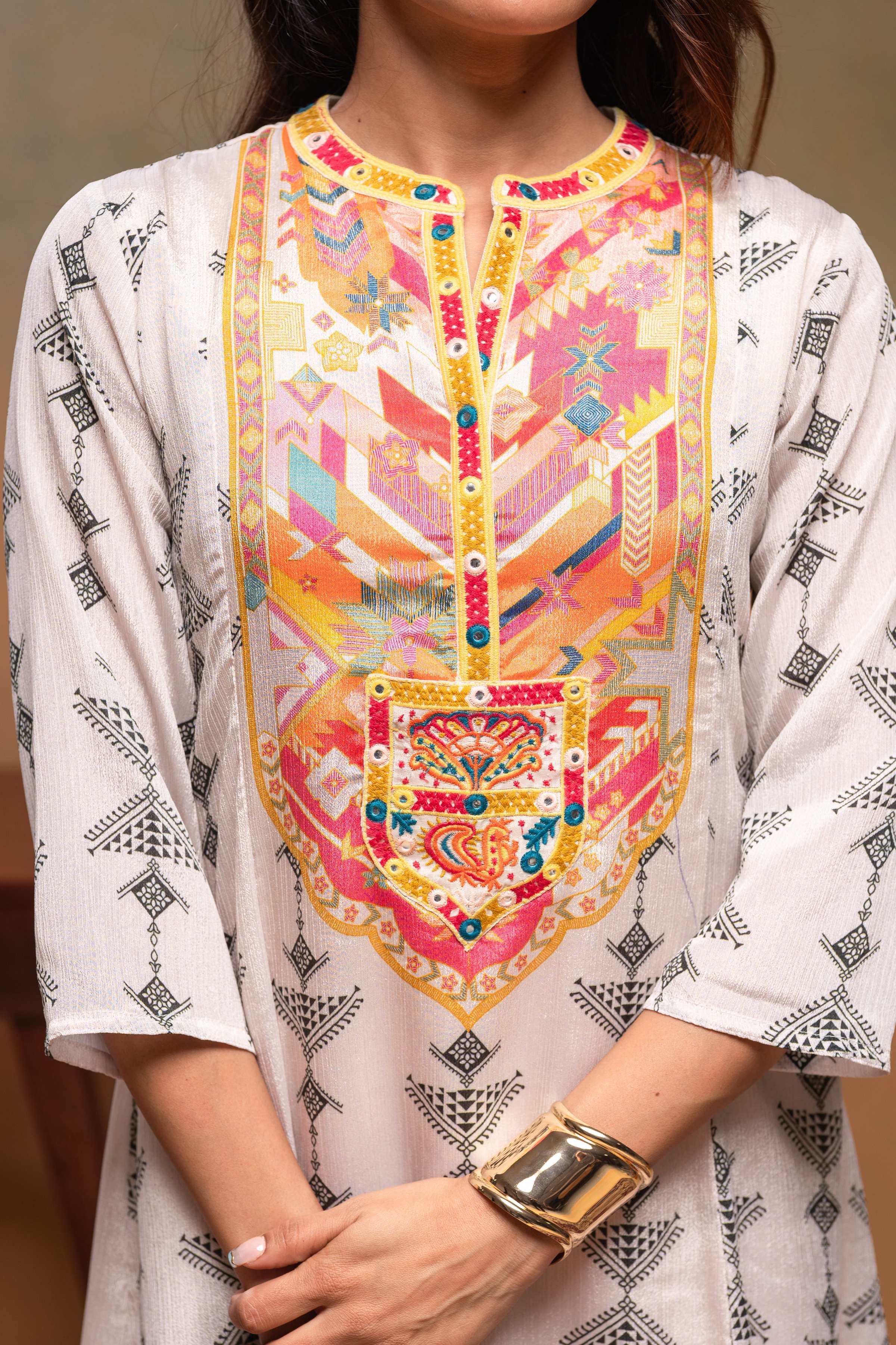 Juniper Ivory Man Made Fiber Ethnic A-Line Kurta With Pants & Dupatta Set With Mirror & Thread Work