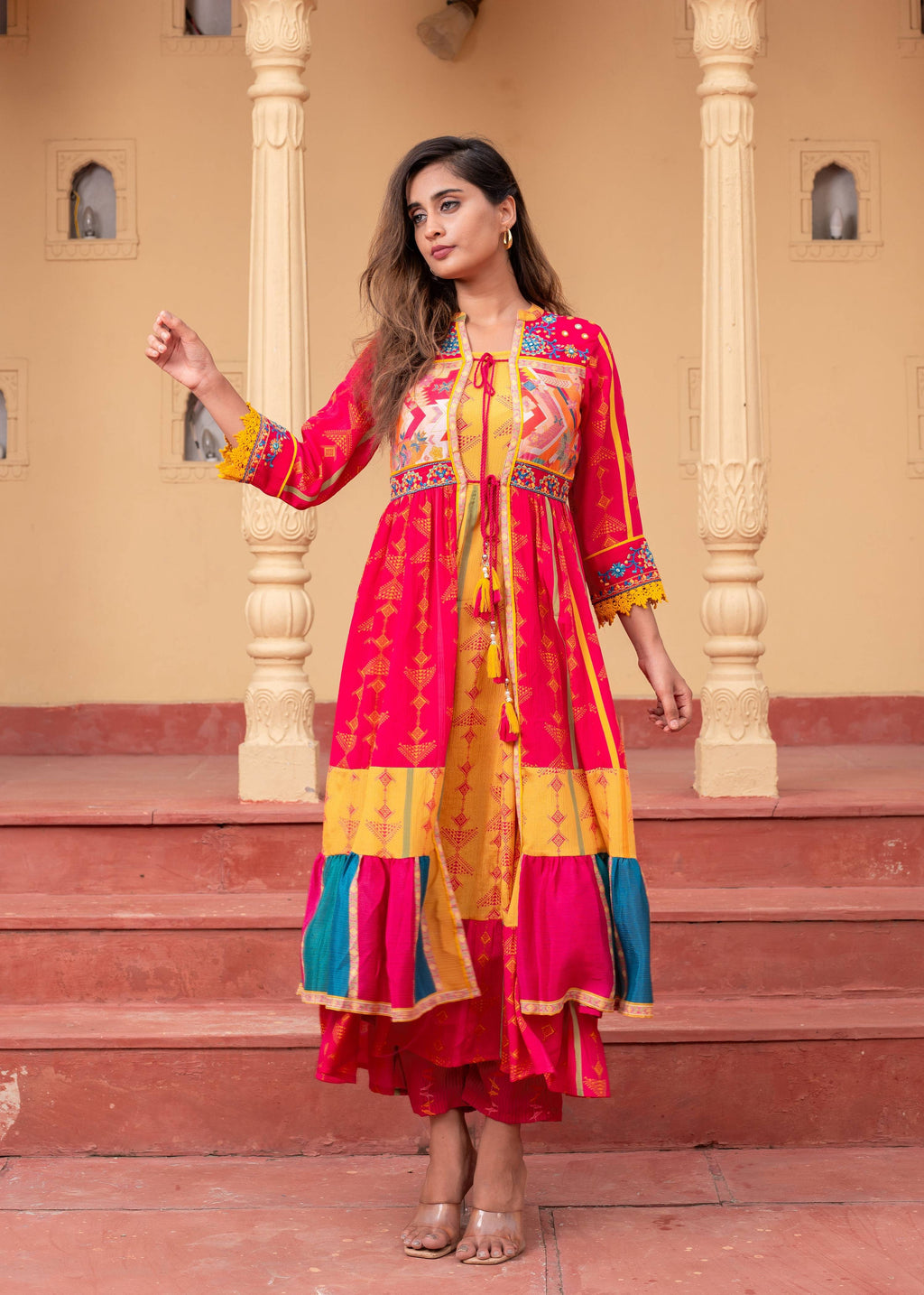 Juniper Fuchsia Man Made Fiber Ethnic Gathered Flared Long Dress With Mirror & Thread Work