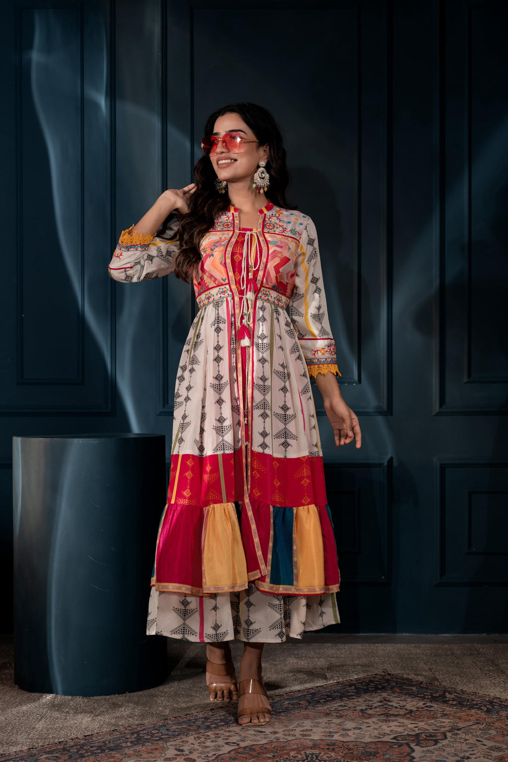 Juniper Ivory Man Made Fiber Ethnic Gathered Flared Long Dress With Mirror & Thread Work
