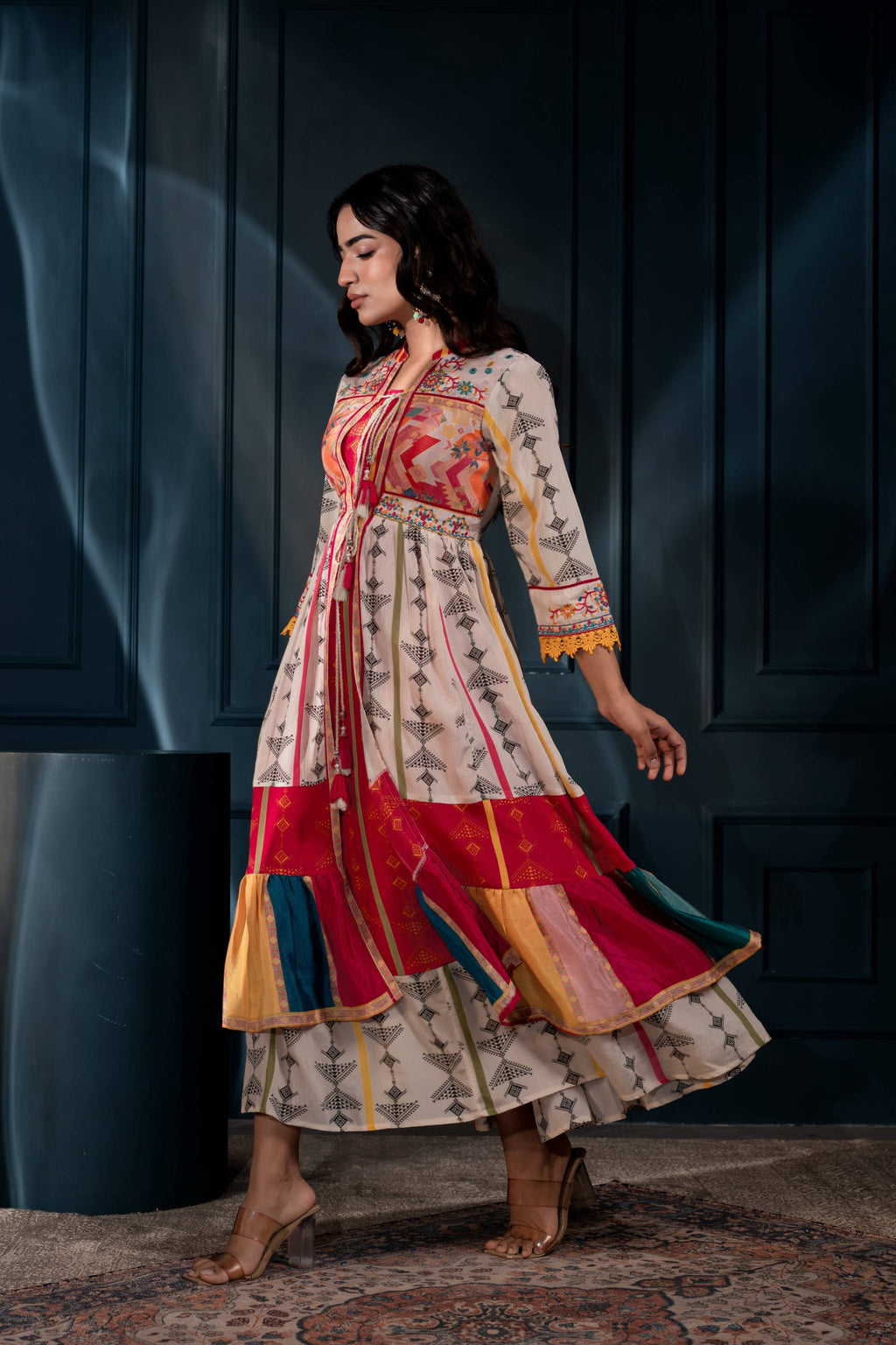 Juniper Ivory Man Made Fiber Ethnic Gathered Flared Long Dress With Mirror & Thread Work