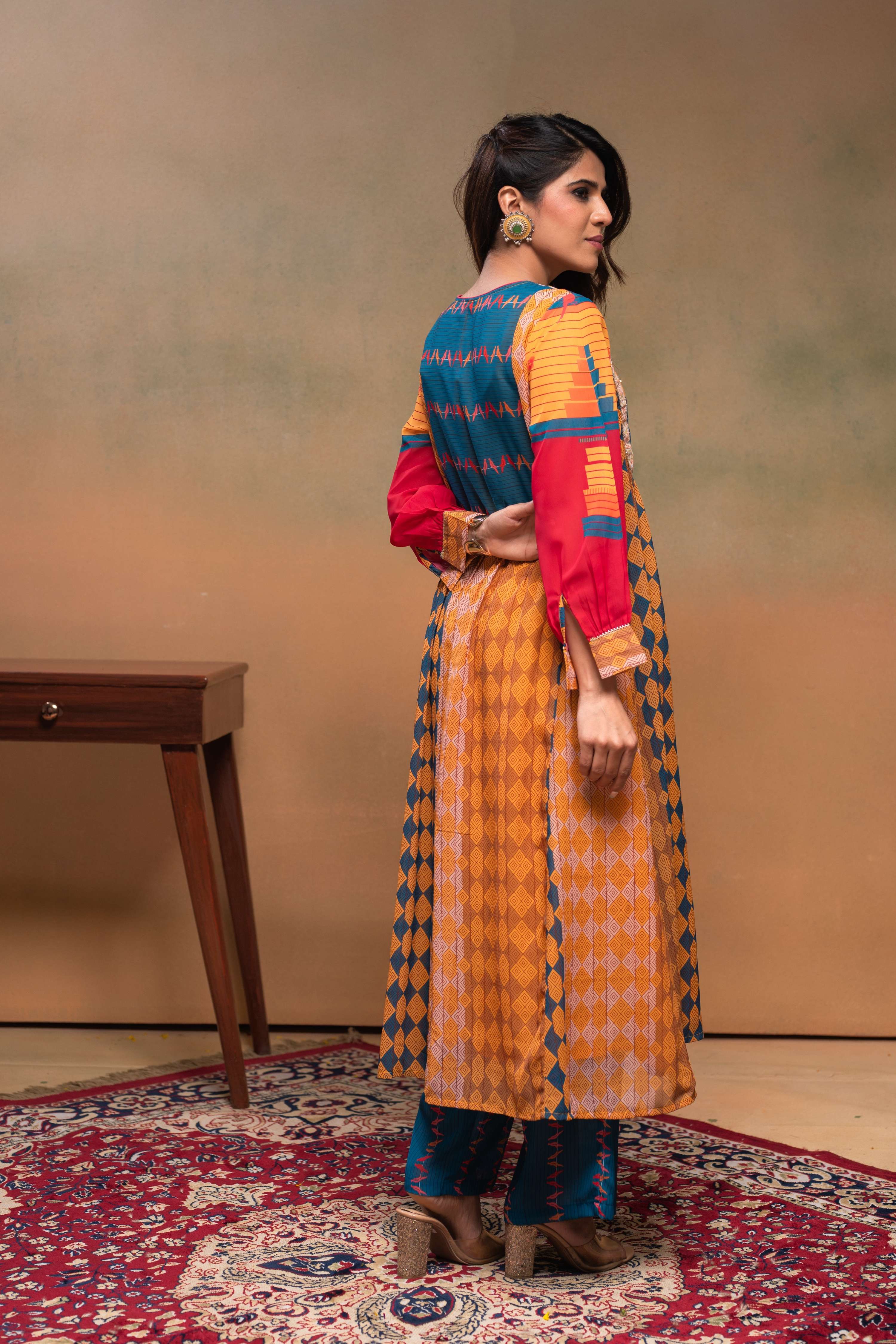 Juniper Mustard Man Made Fiber Ethnic Gathered Flared Kurta With Pants & Dupatta Set With Beads & Sequence Work