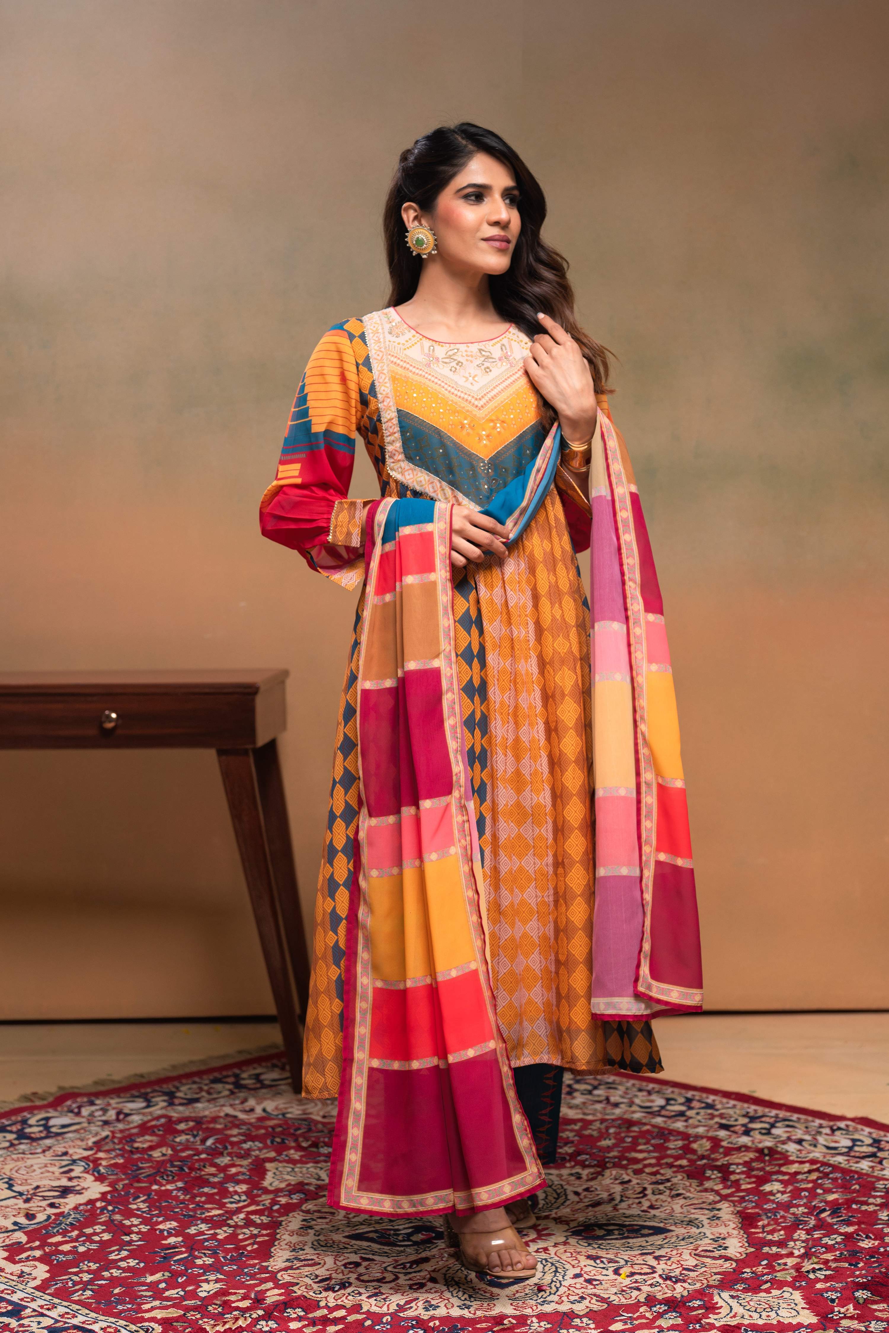 Juniper Mustard Man Made Fiber Ethnic Gathered Flared Kurta With Pants & Dupatta Set With Beads & Sequence Work