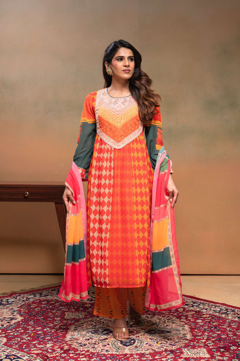 Juniper Orange Man Made Fiber Ethnic Gathered Flared Kurta With Pants & Dupatta Set With Beads & Sequence Work
