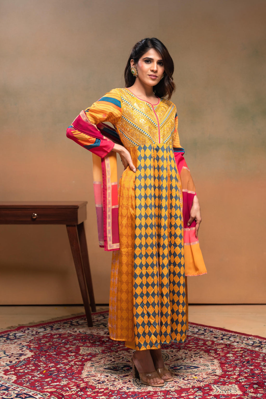 Juniper Man Made Fiber Mustard Embroidered Color Block Kurta Pant Dupatta Set With Mirror & Thread Work