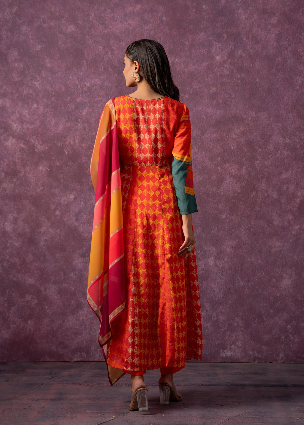 Juniper Man Made Fiber Orange Embroidered Color Block Kurta Pant Dupatta Set With Mirror & Thread Work