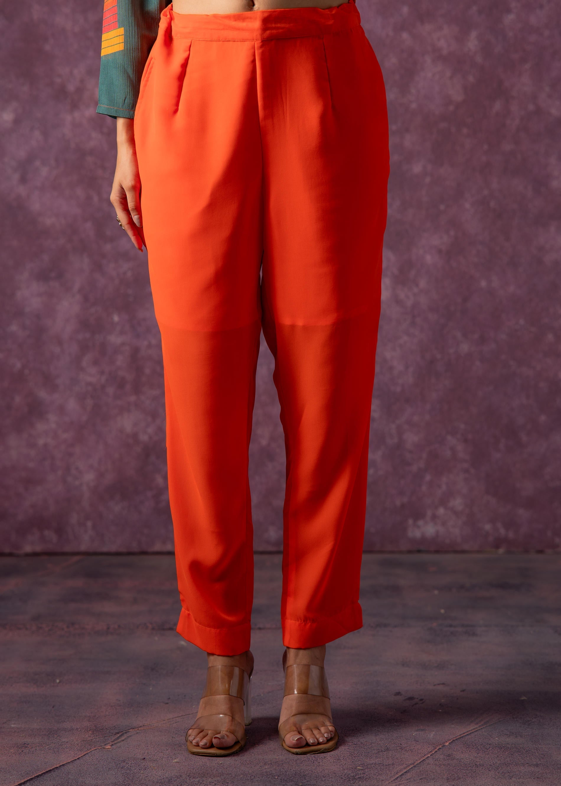 Juniper Man Made Fiber Orange Embroidered Color Block Kurta Pant Dupatta Set With Mirror & Thread Work