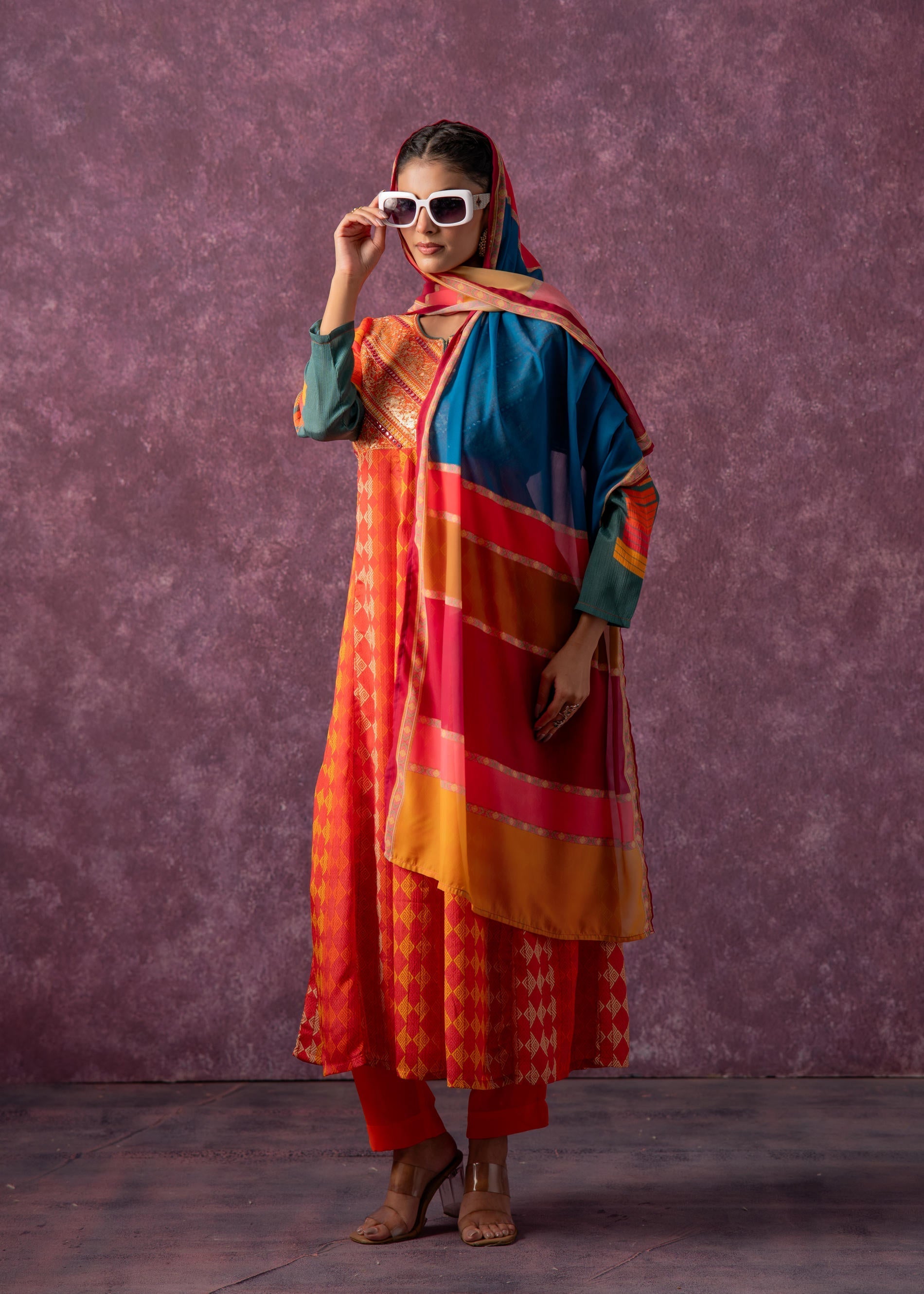 Juniper Man Made Fiber Orange Embroidered Color Block Kurta Pant Dupatta Set With Mirror & Thread Work