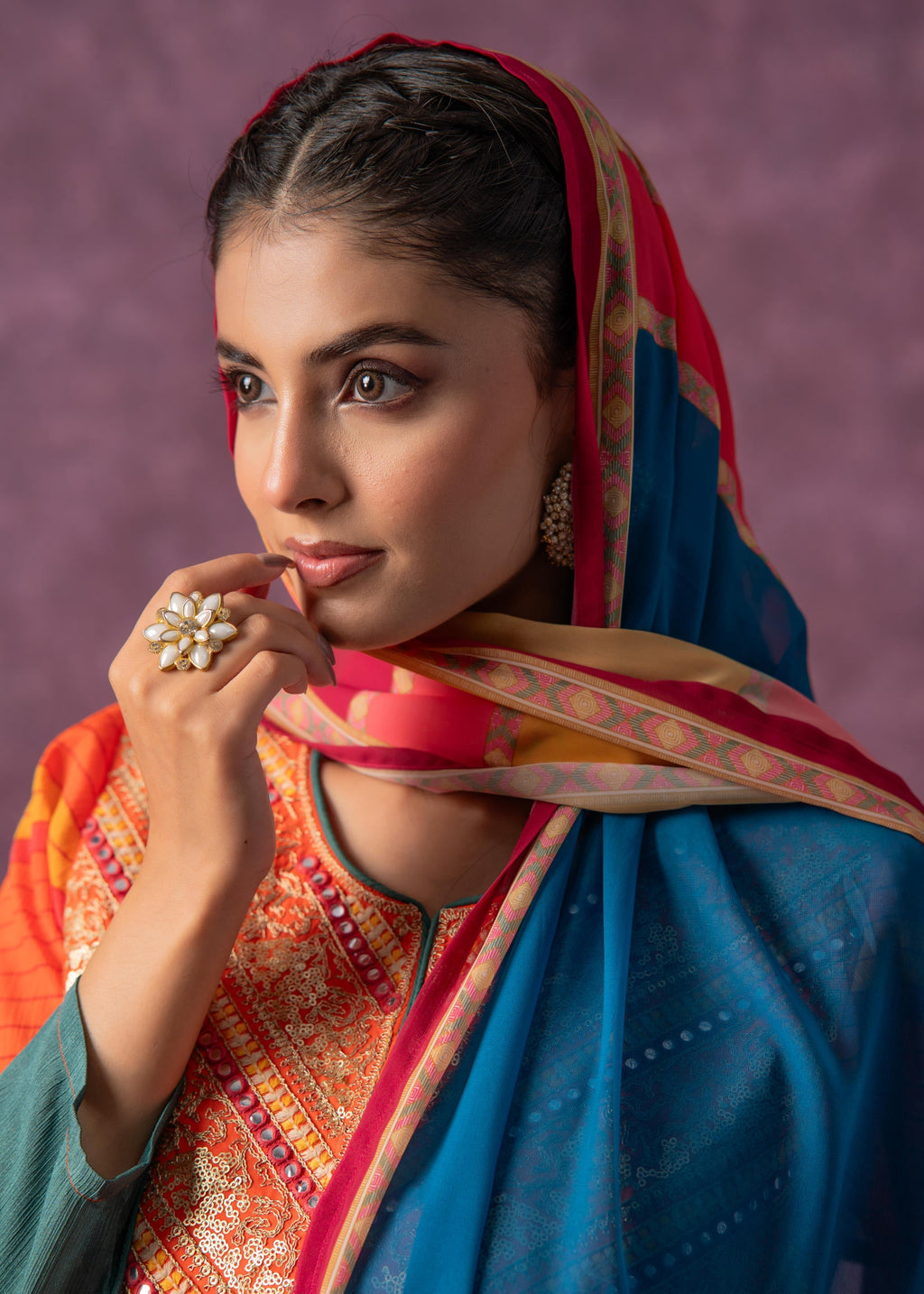 Juniper Man Made Fiber Orange Embroidered Color Block Kurta Pant Dupatta Set With Mirror & Thread Work
