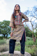Juniper Polycotton Mustard Embroidered Kurta Pant Set With Mirror, Thread Work & Tassels