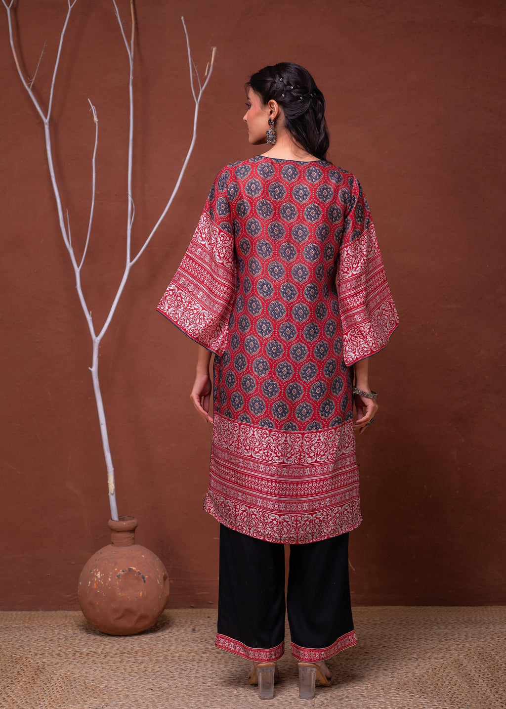 Juniper Polycotton Maroon Embroidered Kurta Pant Set With Mirror, Thread Work & Tassels