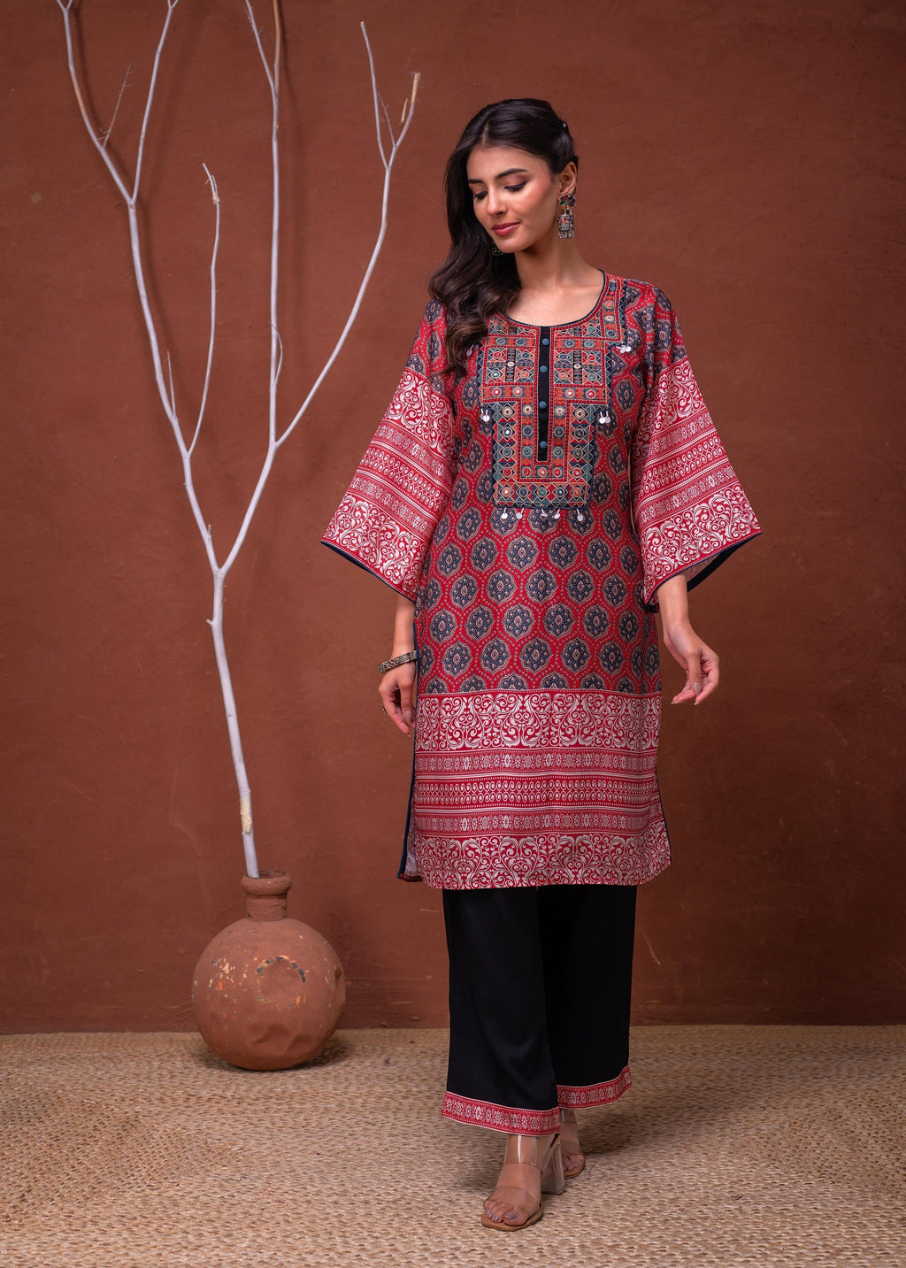 Juniper Polycotton Maroon Embroidered Kurta Pant Set With Mirror, Thread Work & Tassels
