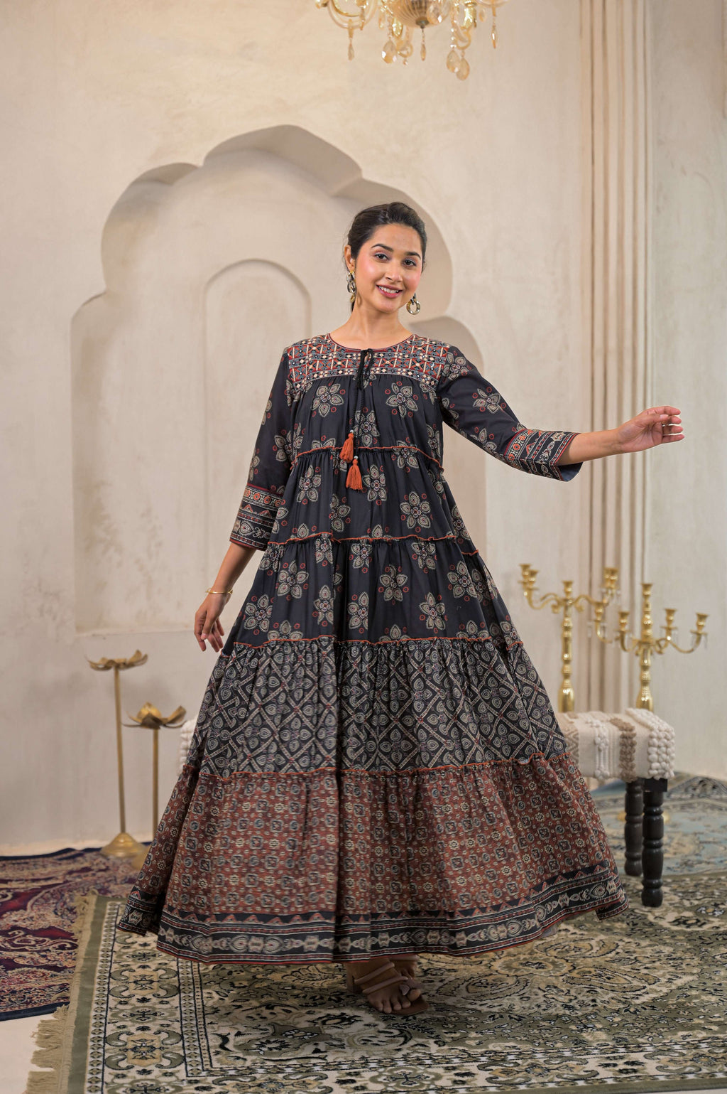 Juniper Black Man Made Fiber Ethnic Tiered Flared Long Dress With Mirror & Thread Work