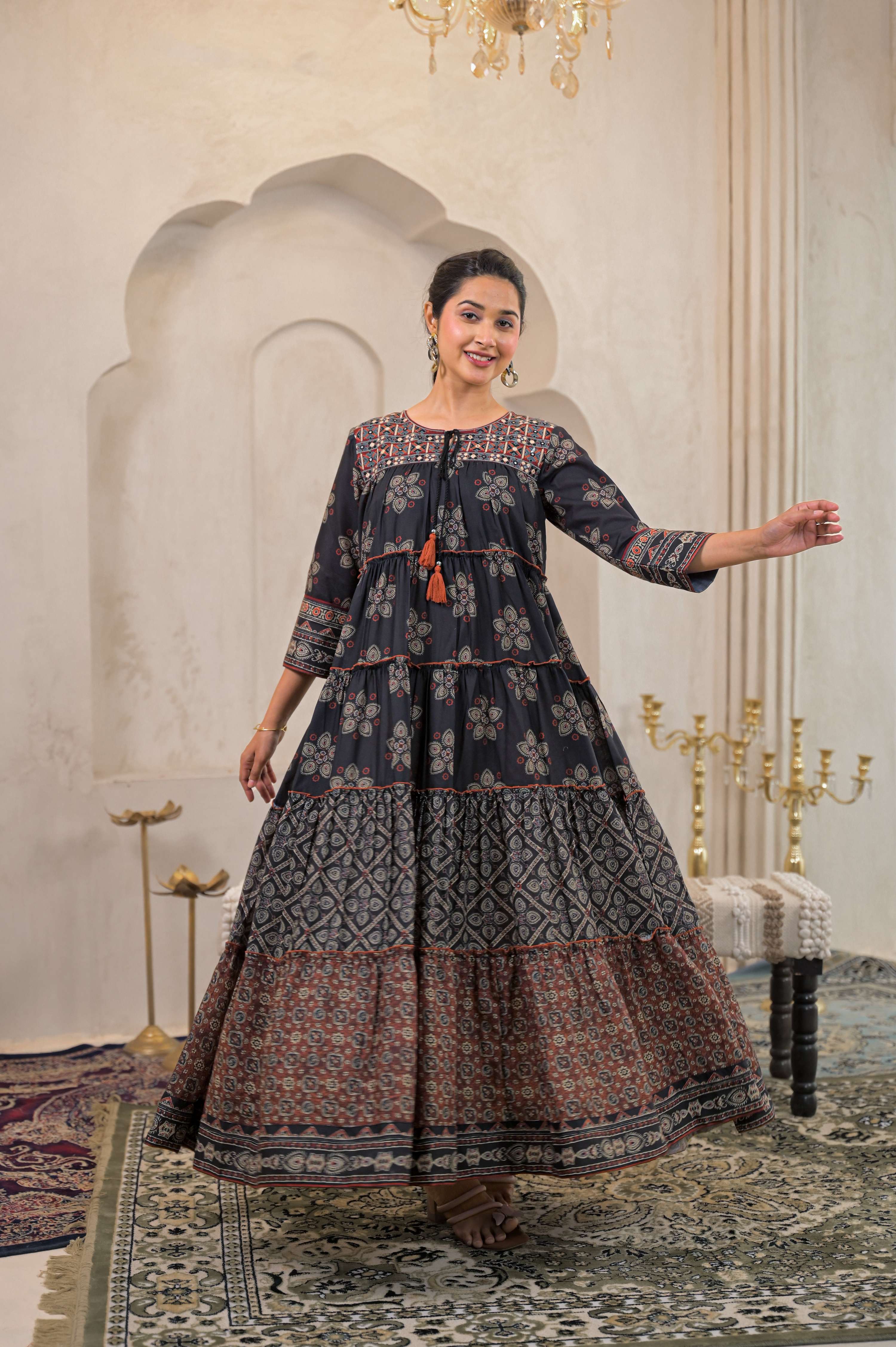 Juniper Black Man Made Fiber Ethnic Tiered Flared Long Dress With Mirror & Thread Work