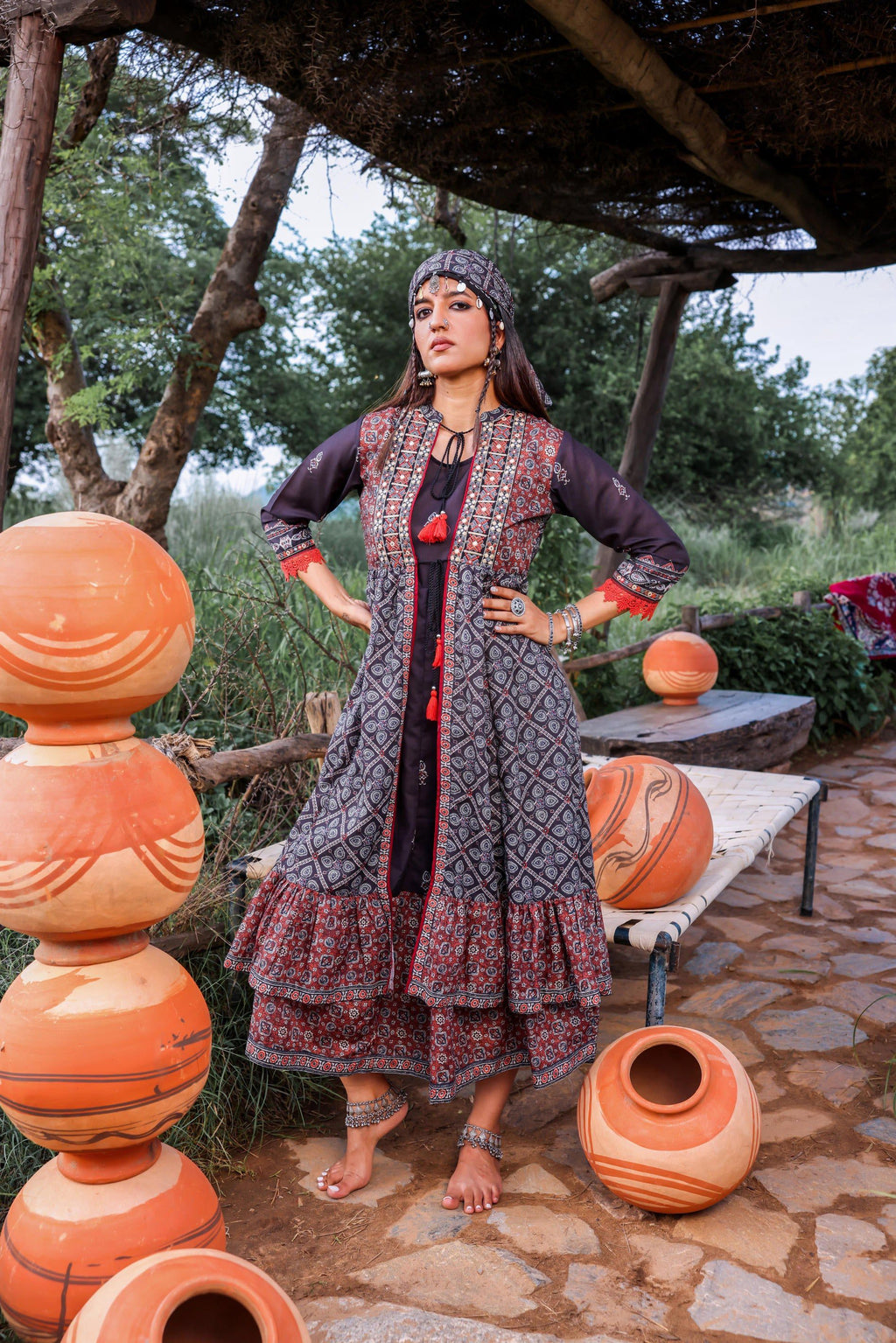 Juniper Black Embroidered Double-Layered Long Dress With Inner & Mirror Work