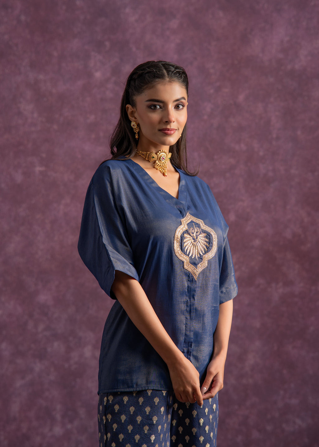 Juniper Indigo Viscose Solid A-Line Tunic With Pants Co-Ord Set With Zari & Sequence Work