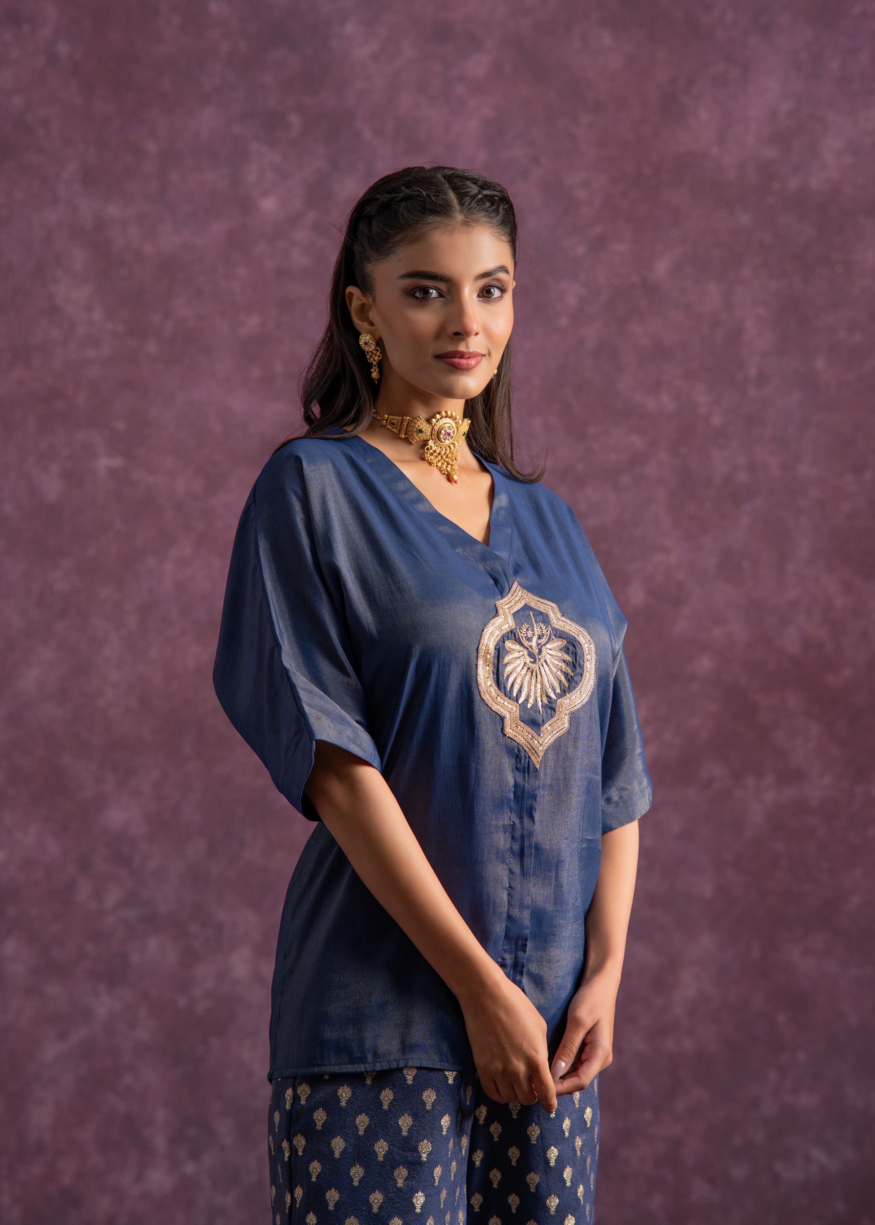 Juniper Indigo Viscose Solid A-Line Tunic With Pants Co-Ord Set With Zari & Sequence Work