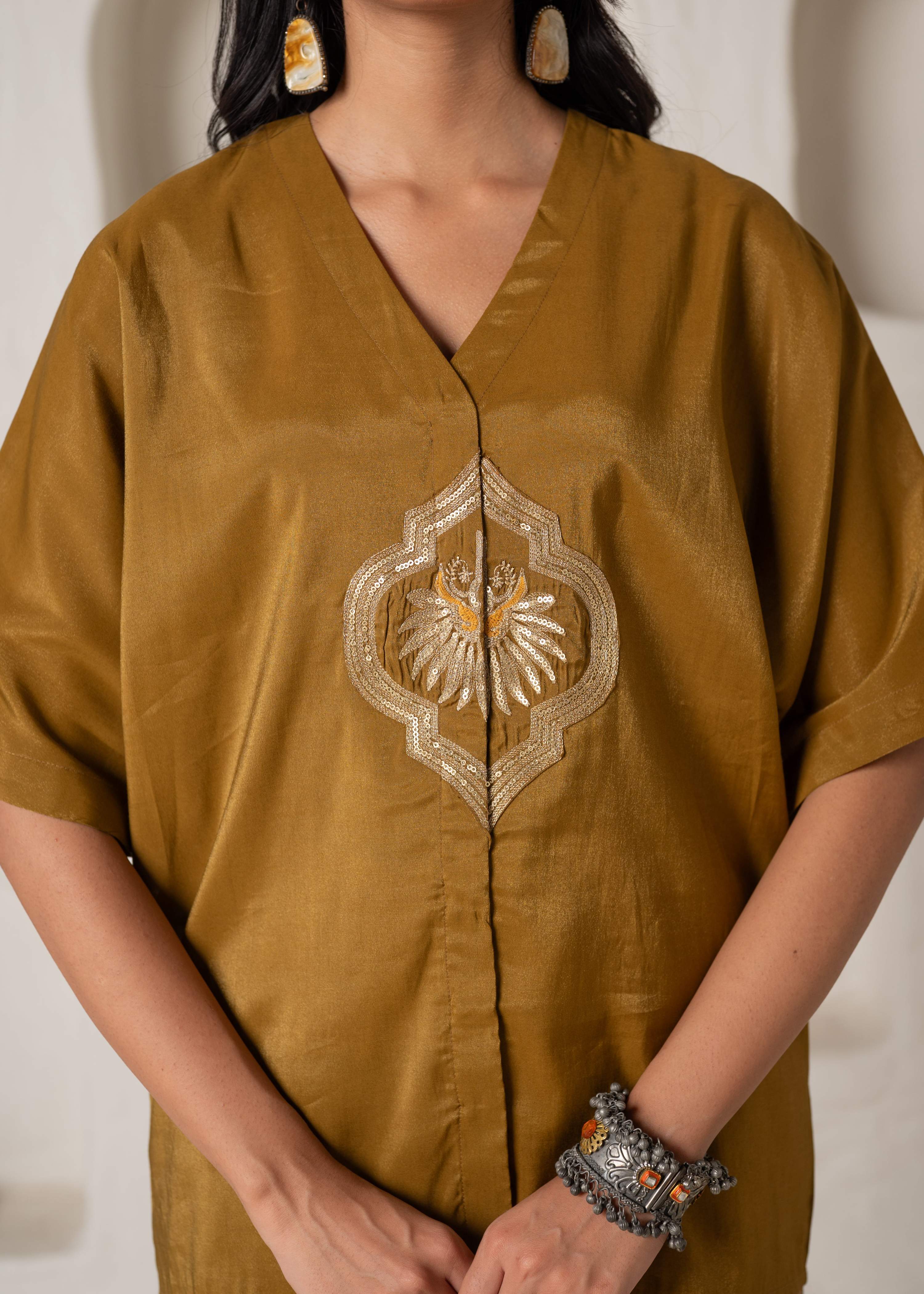 Juniper Mustard Viscose Solid A-Line Tunic With Pants Co-Ord Set With Zari & Sequence Work