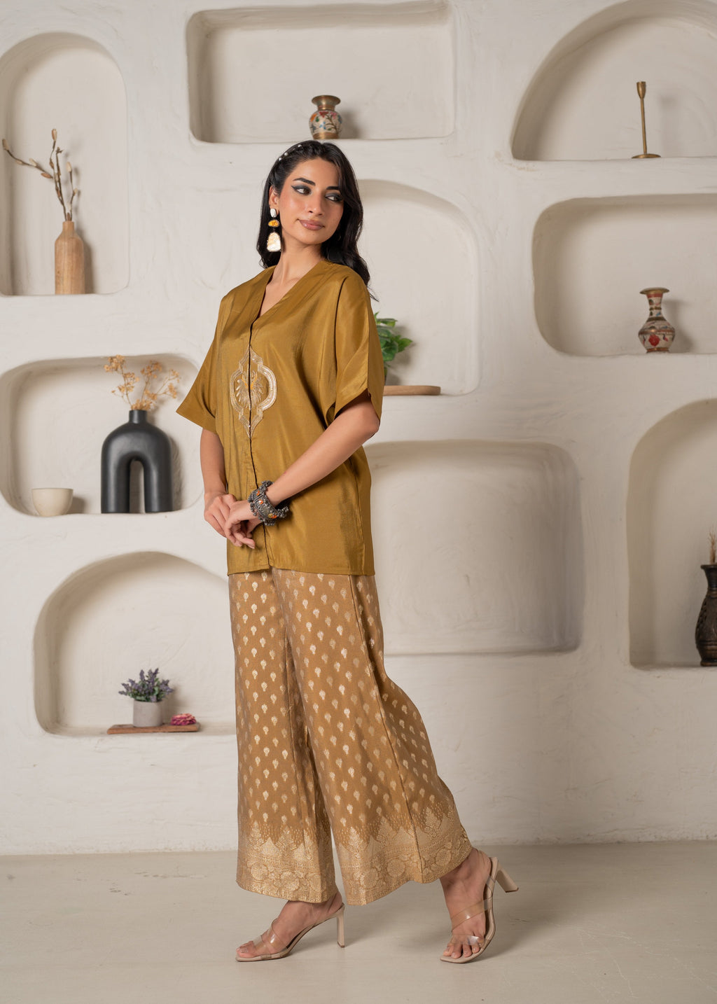 Juniper Mustard Viscose Solid A-Line Tunic With Pants Co-Ord Set With Zari & Sequence Work