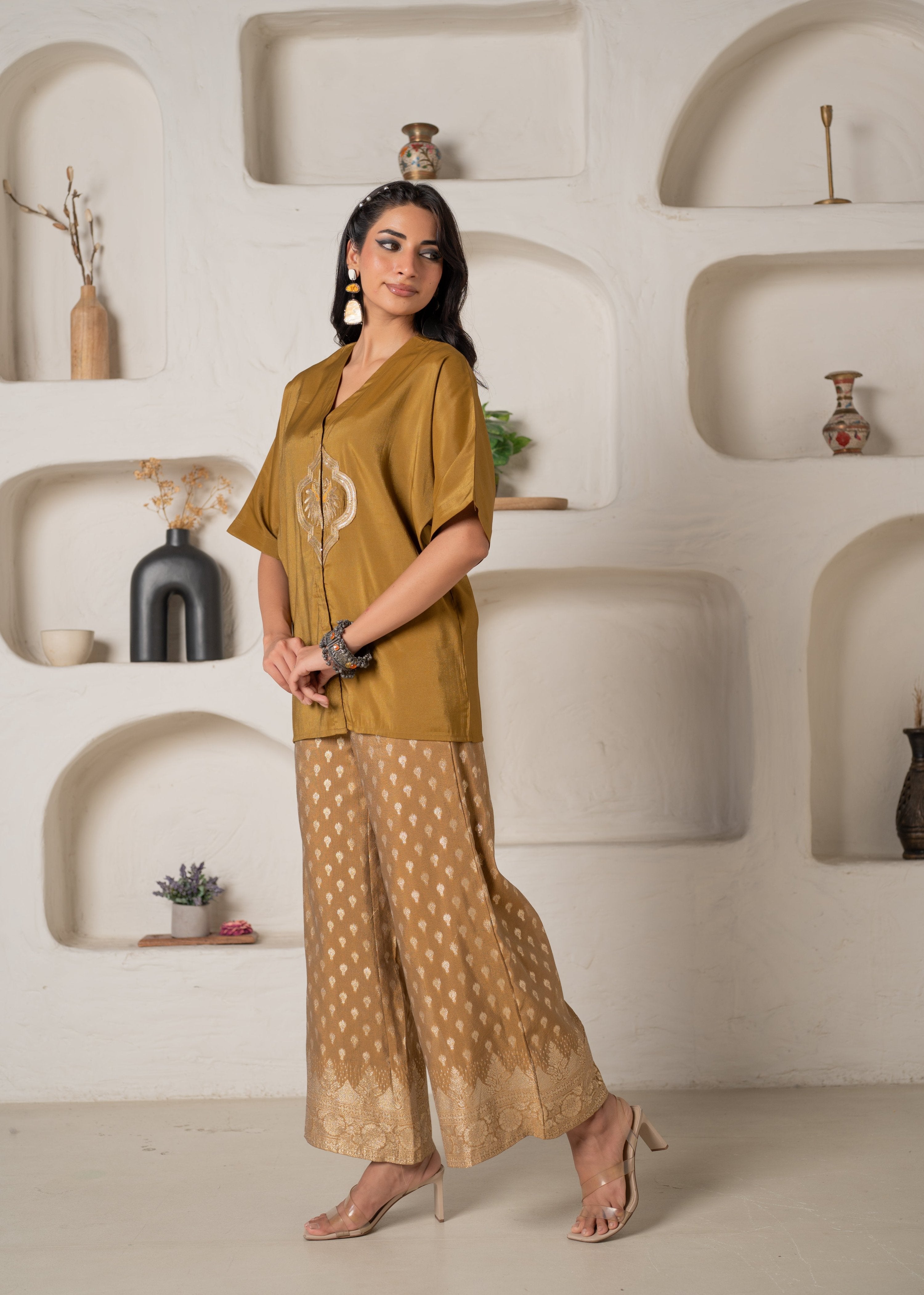 Juniper Mustard Viscose Solid A-Line Tunic With Pants Co-Ord Set With Zari & Sequence Work