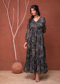 Juniper Floral Green Printed Dress With Sheer Sleeves & Beaded Waist Detailing
