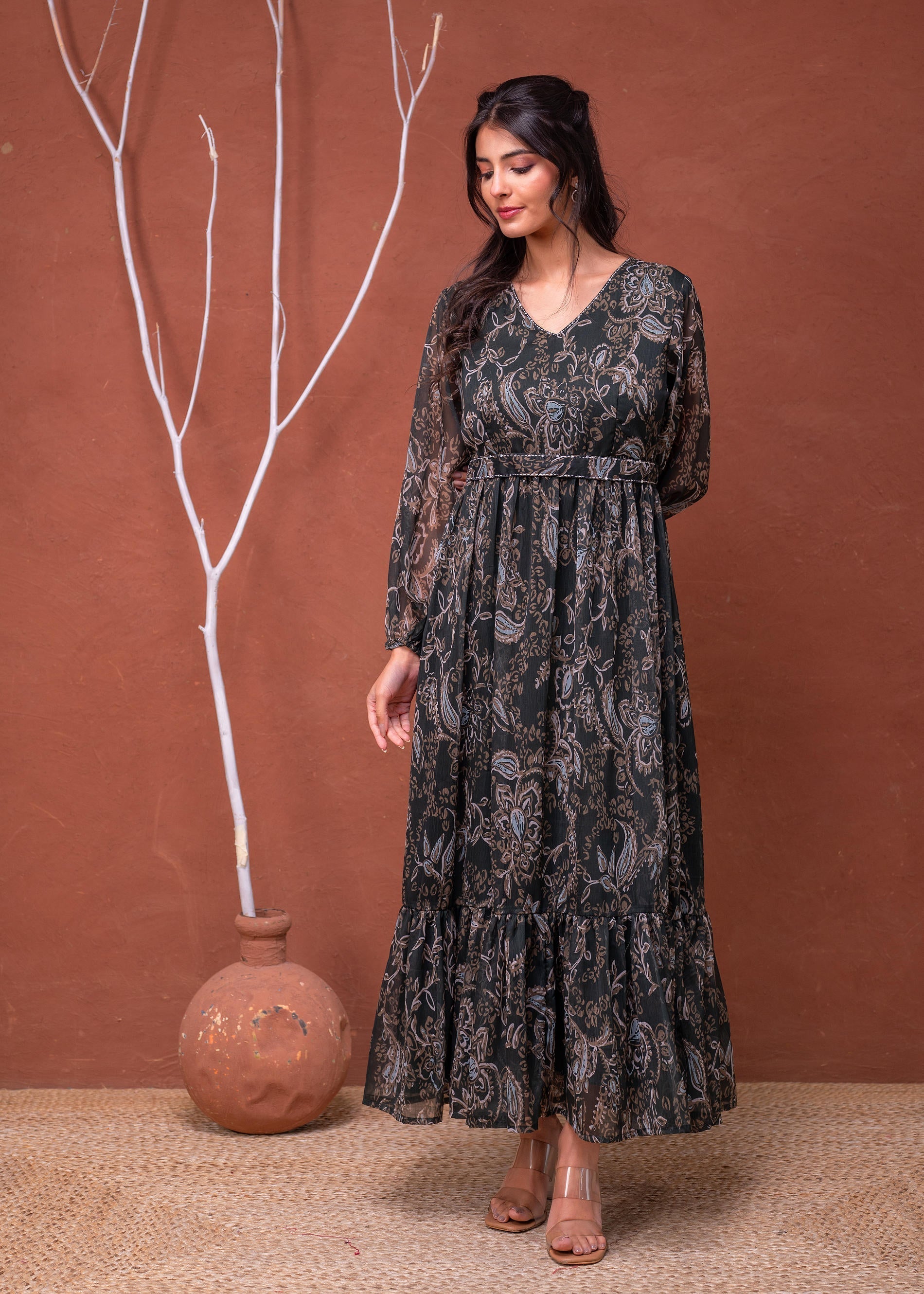 Juniper Floral Green Printed Dress With Sheer Sleeves & Beaded Waist Detailing