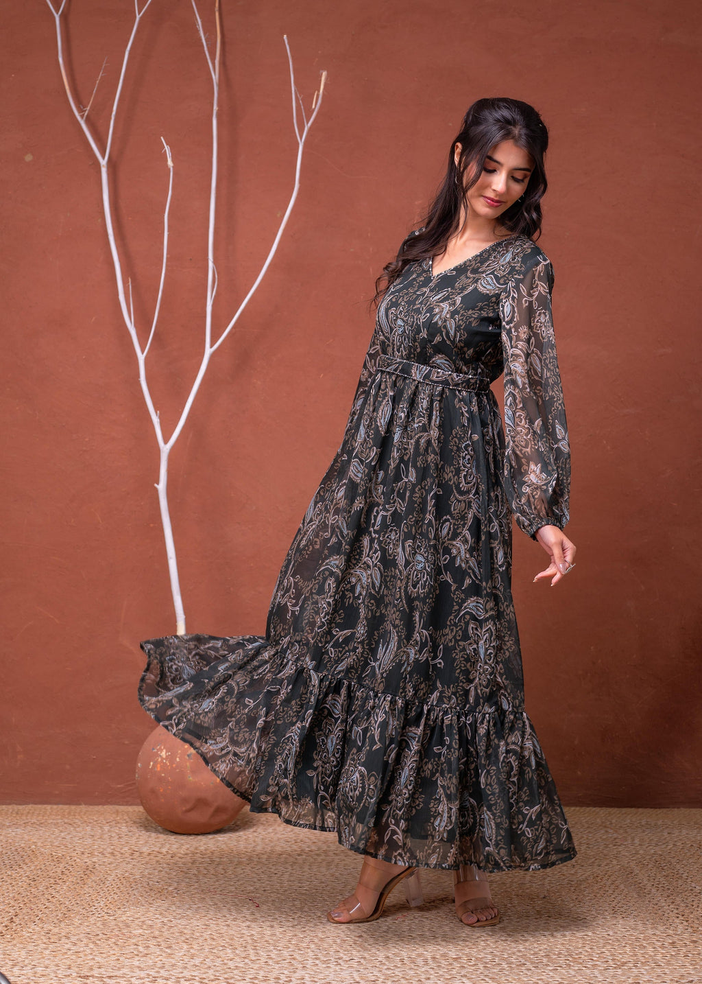 Juniper Floral Green Printed Dress With Sheer Sleeves & Beaded Waist Detailing