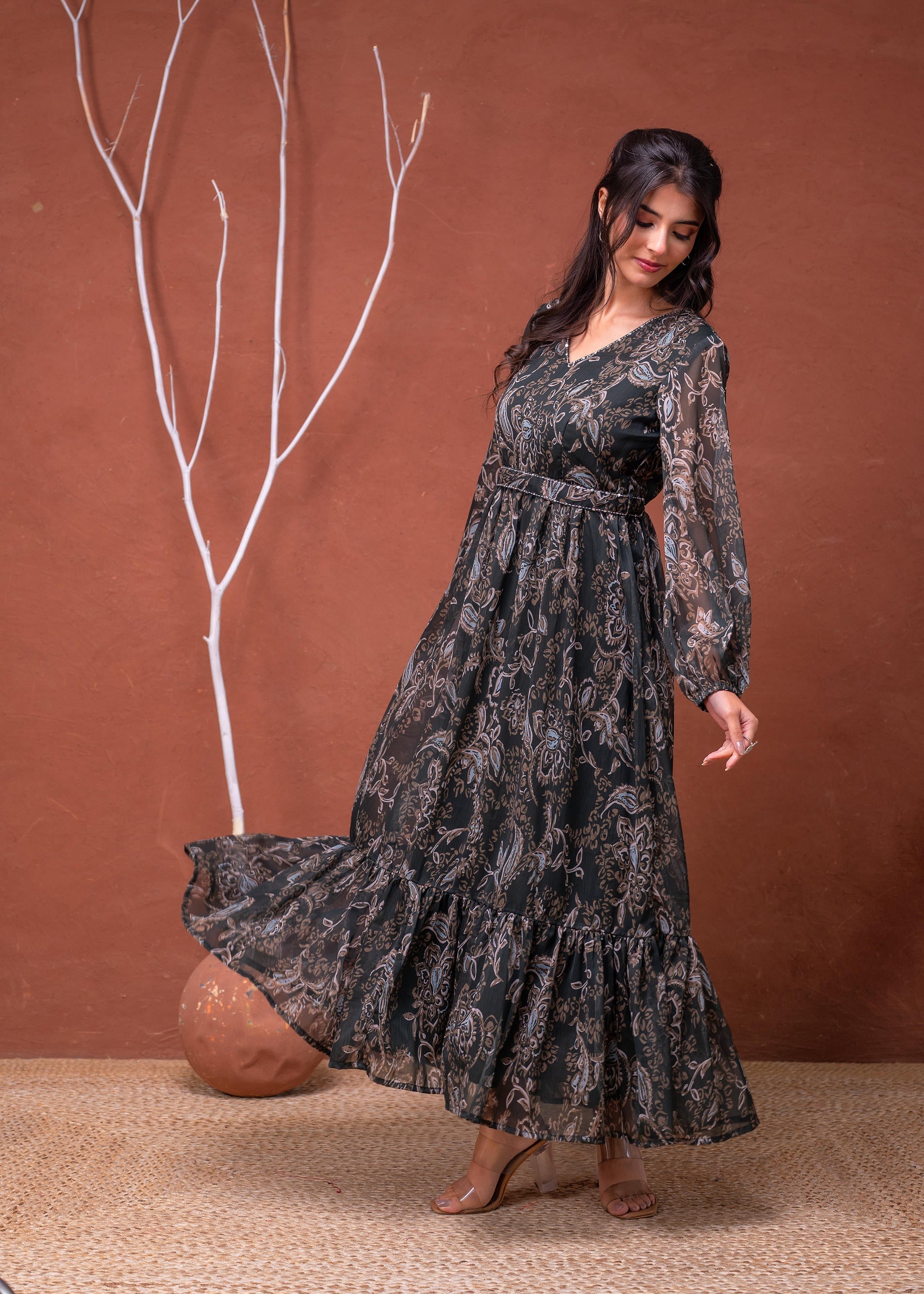 Juniper Floral Green Printed Dress With Sheer Sleeves & Beaded Waist Detailing