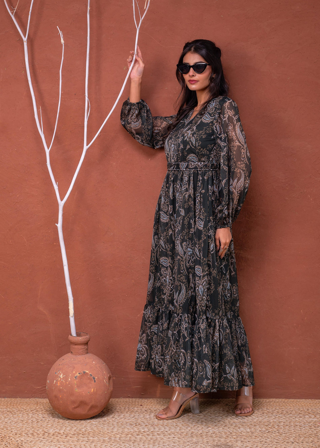 Juniper Floral Printed Dress With Sheer Sleeves & Beaded Waist Detailing