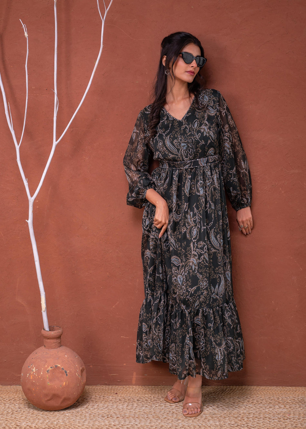 Juniper Floral Green Printed Dress With Sheer Sleeves & Beaded Waist Detailing