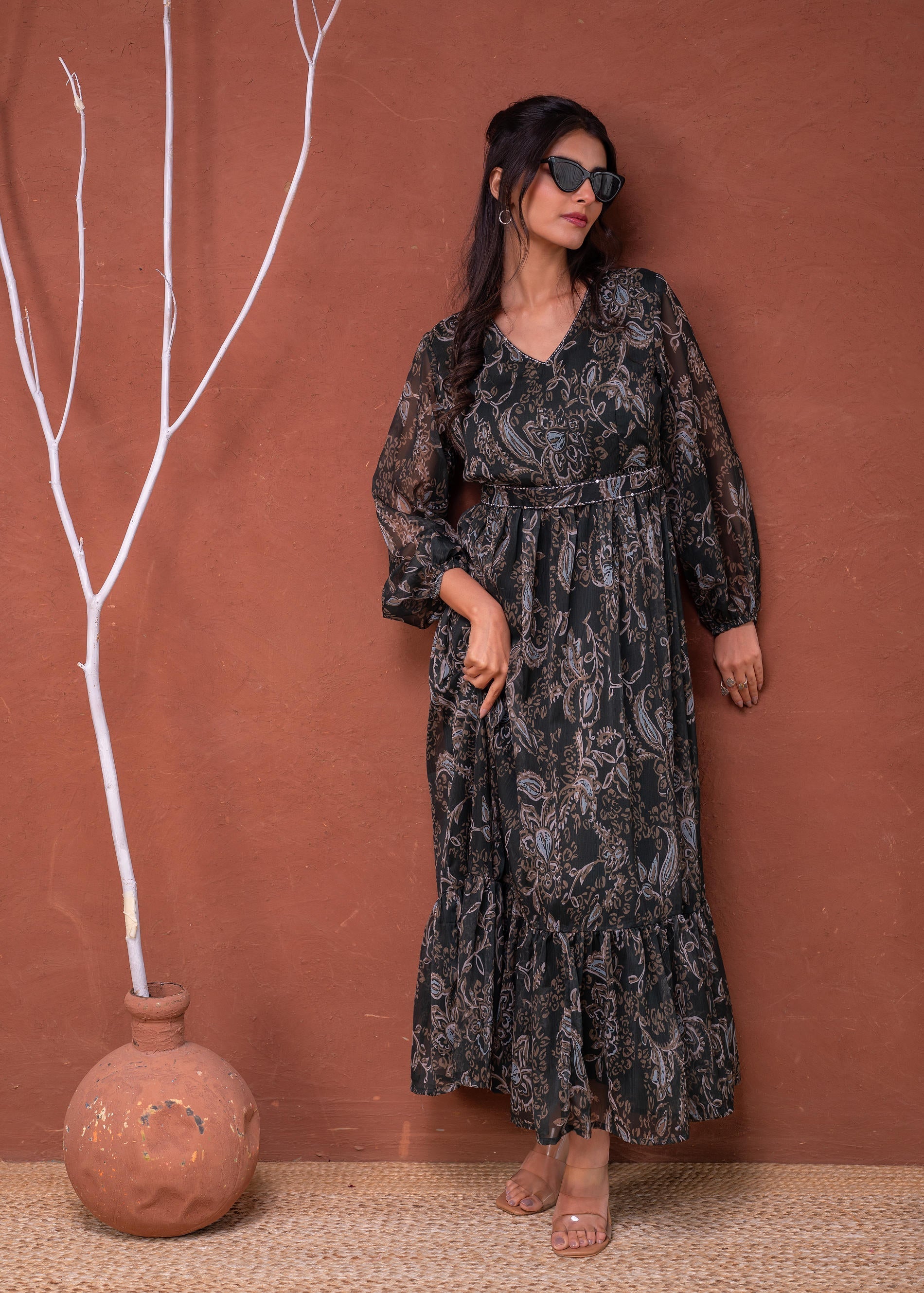 Juniper Floral Green Printed Dress With Sheer Sleeves & Beaded Waist Detailing
