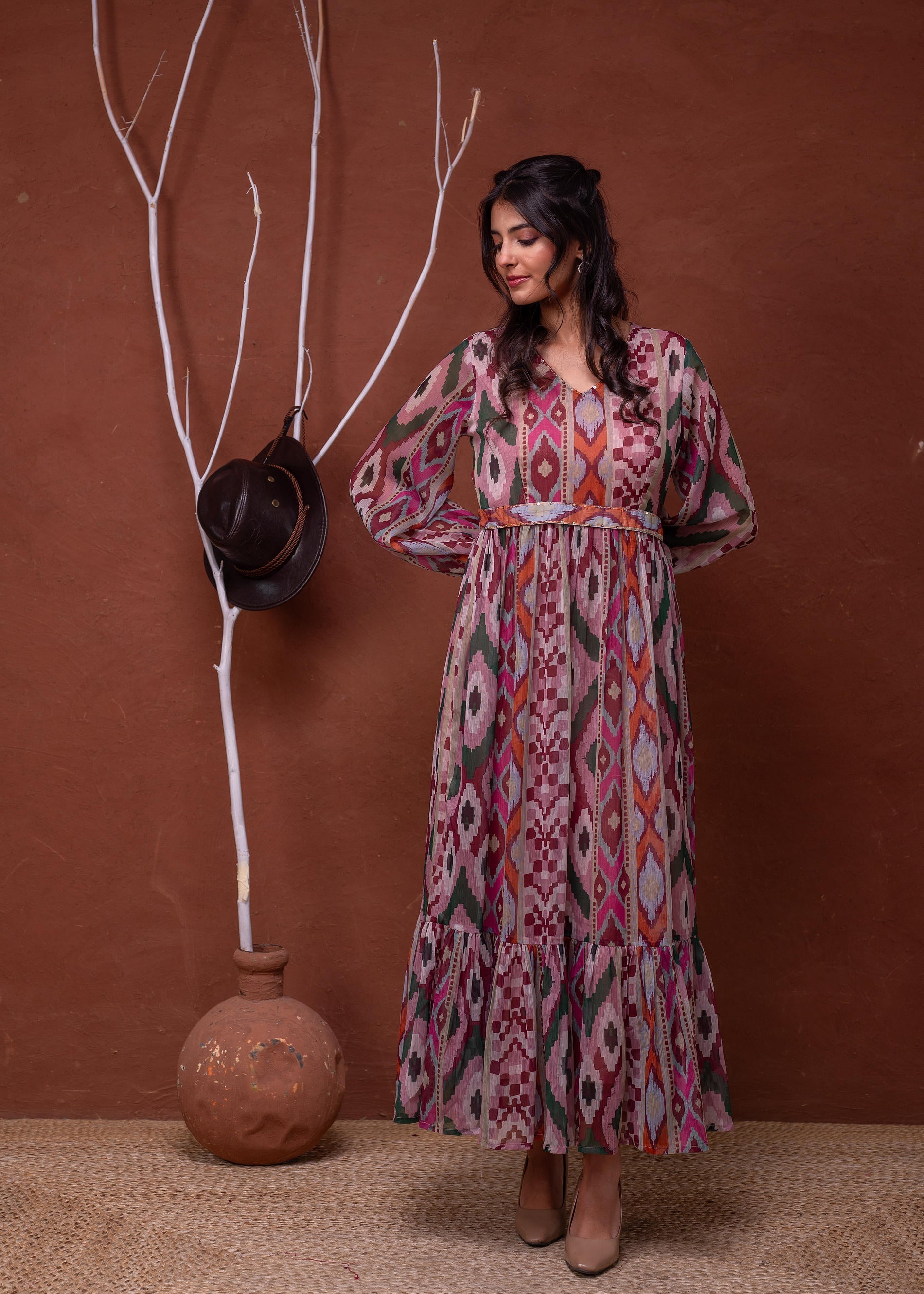 Juniper Floral Multi Printed Dress With Sheer Sleeves & Beaded Waist Detailing