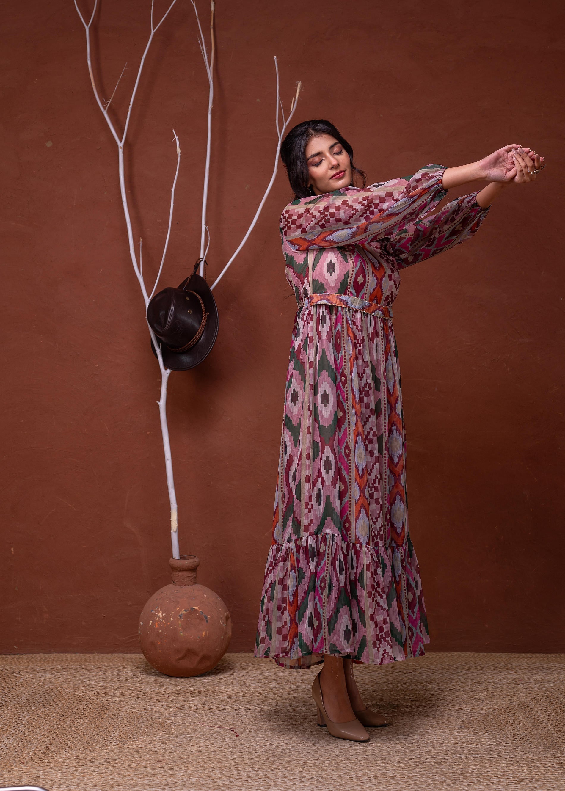 Juniper Floral Multi Printed Dress With Sheer Sleeves & Beaded Waist Detailing